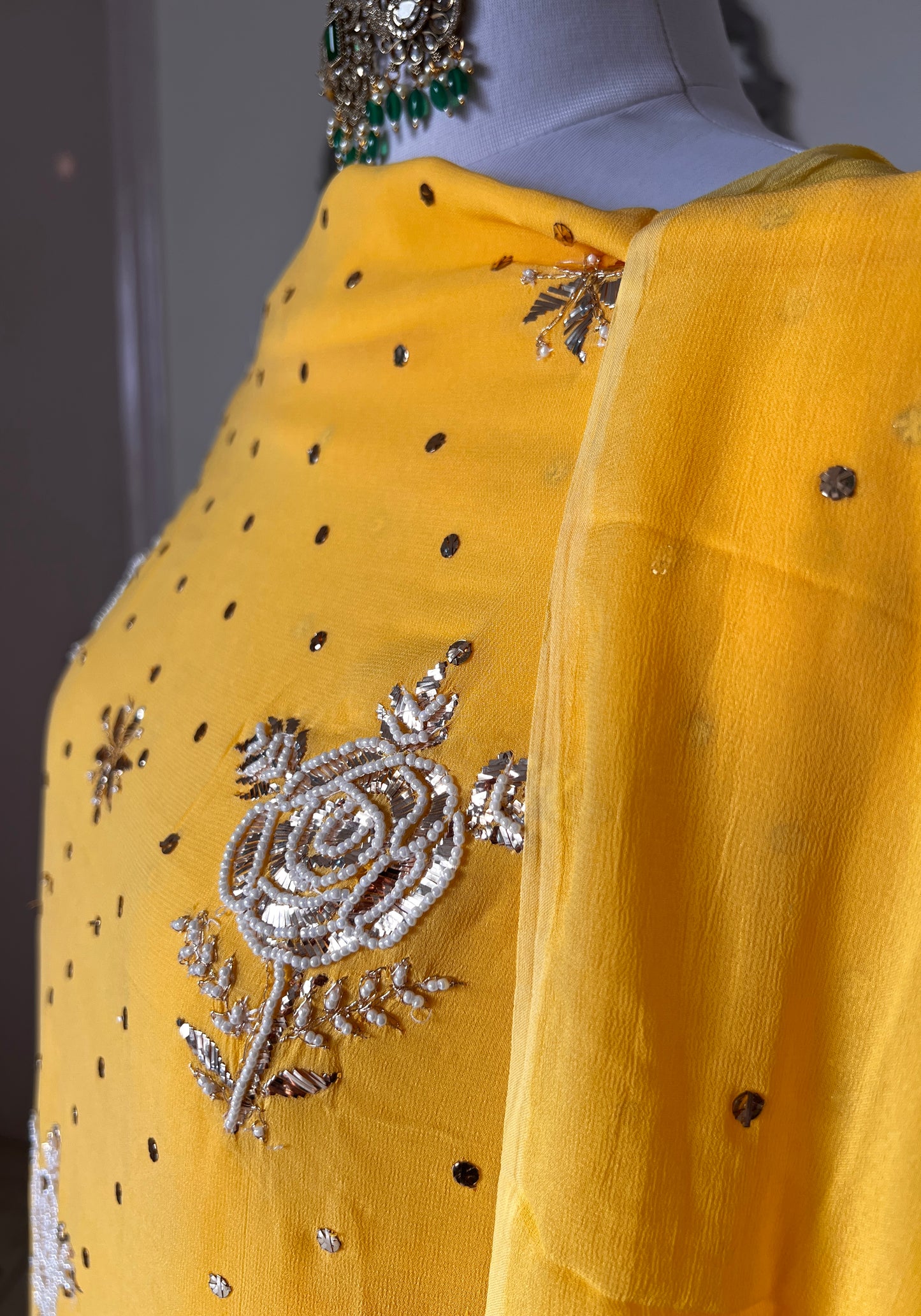 Yellow Badla Mukaish and Pearl Embroidered Kurta & Dupatta Set