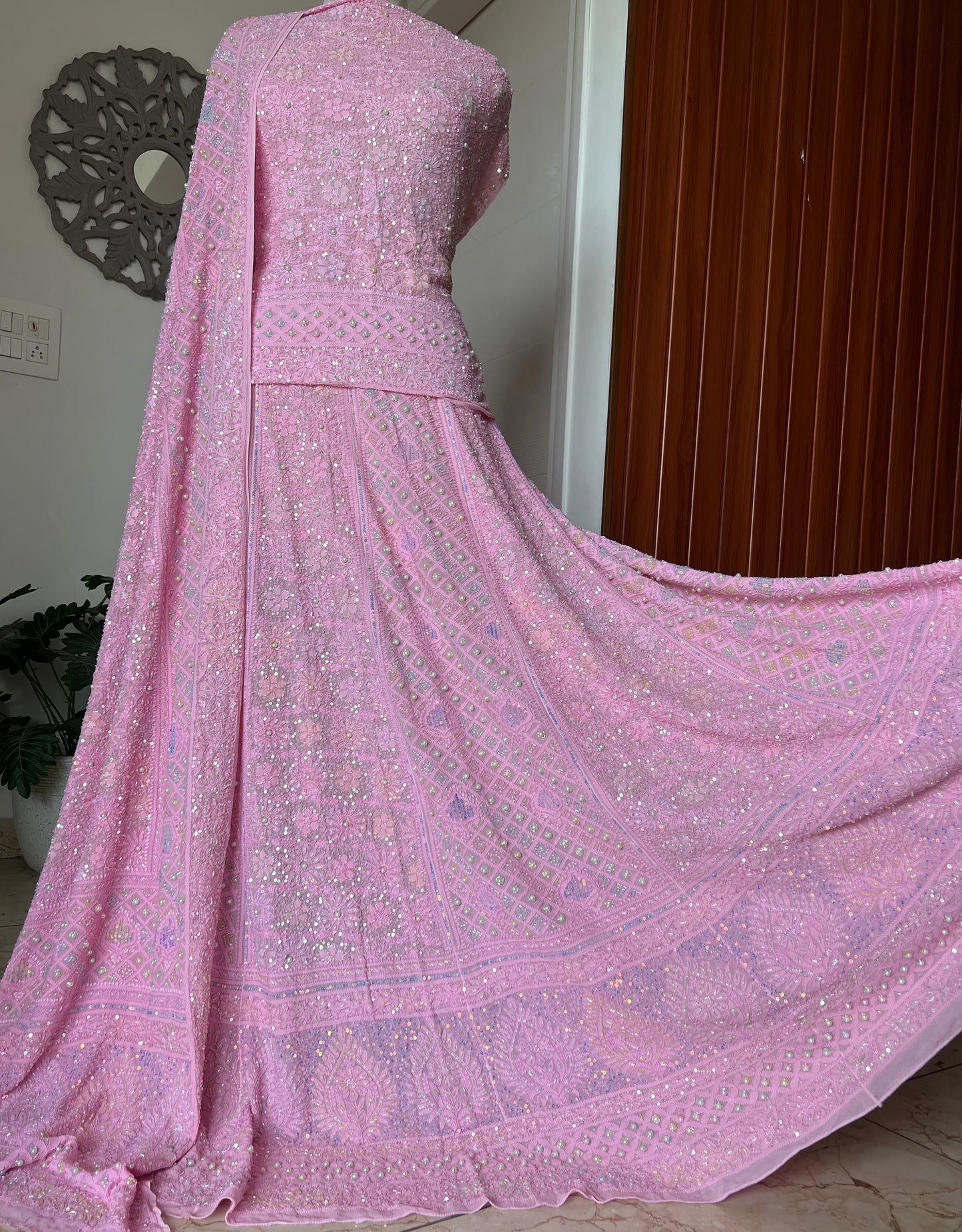 Ruhani Rose Pink Chikankari Multicolored Cut Dana Sequins Lehenga