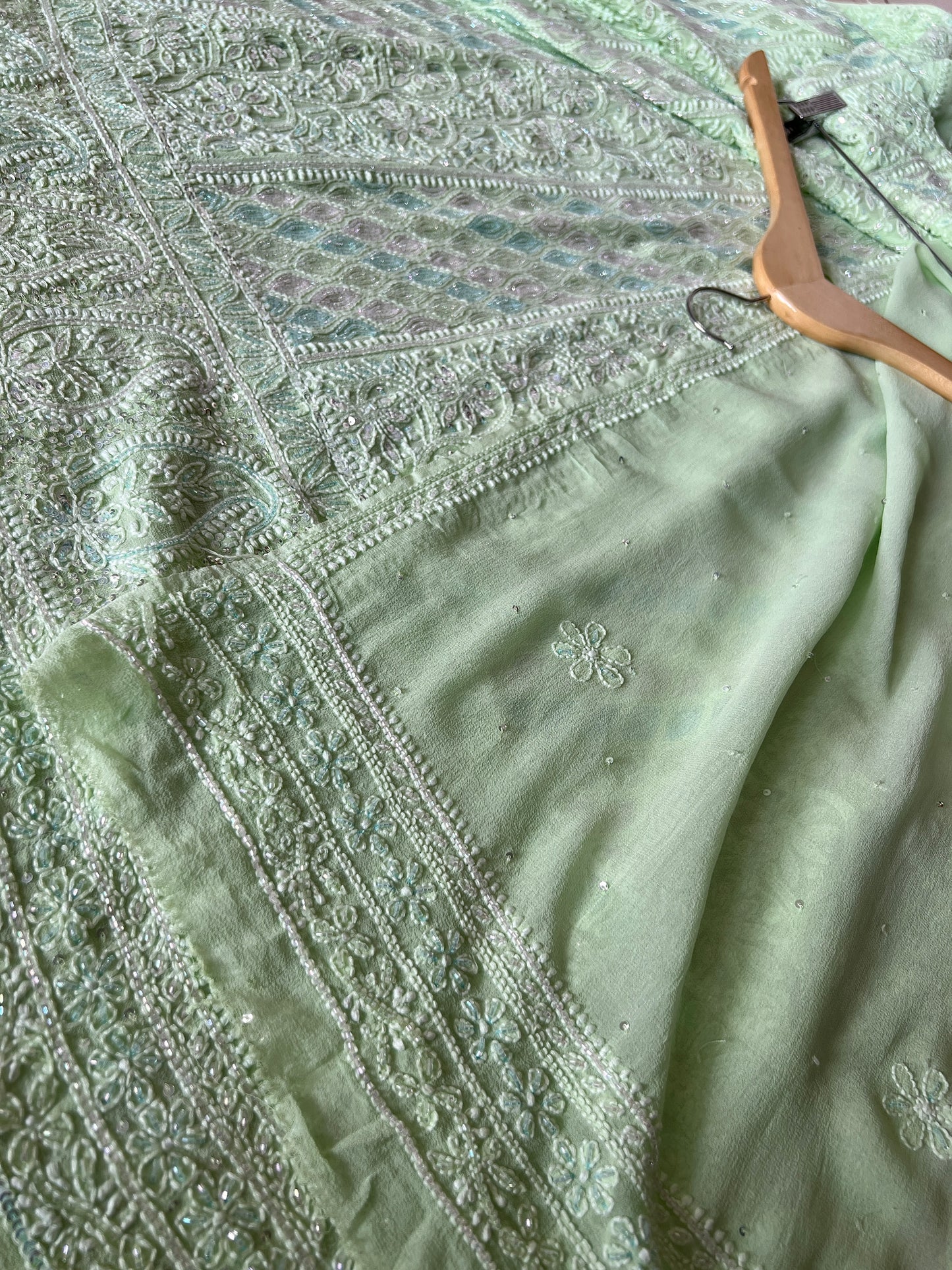 Bright Pista Green Chikankari multi hued Cut Dana and Sequins Anarkali