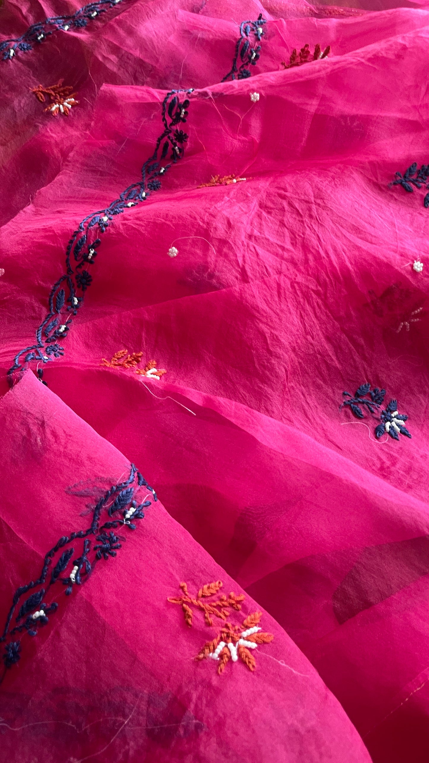 Hot Pink Chikankari pearl sequins pure Organza kurta with dupatta