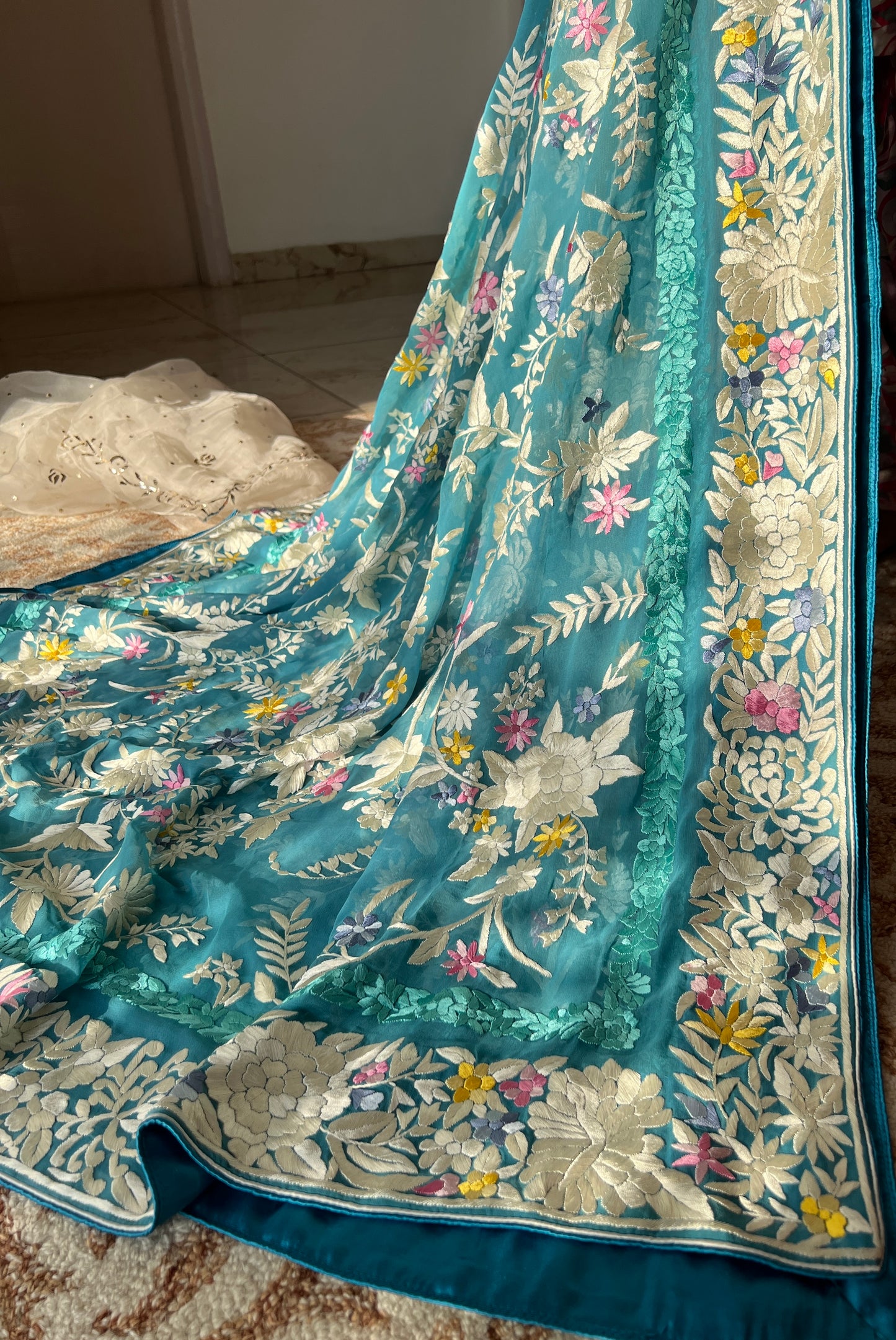 Firozi masterpiece Parsi Gara Dupatta Hand Embroidered