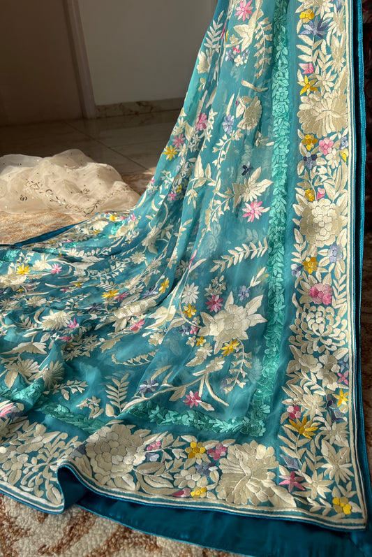 Firozi masterpiece Parsi Gara Dupatta Hand Embroidered