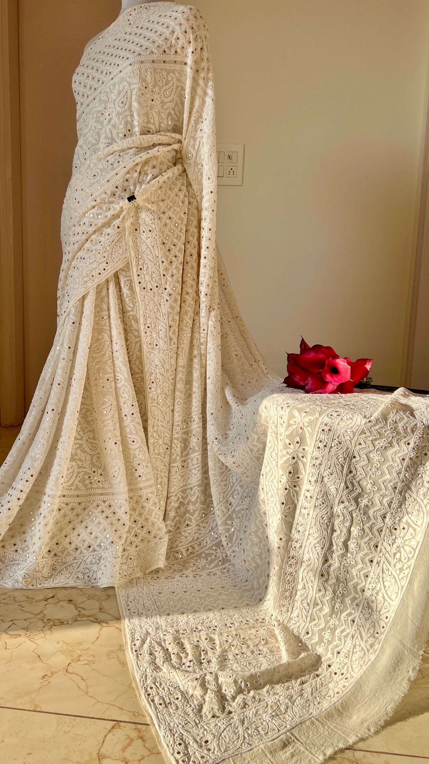Ivory Ruhani Allover Designer Chikankari and Mukaish Saree