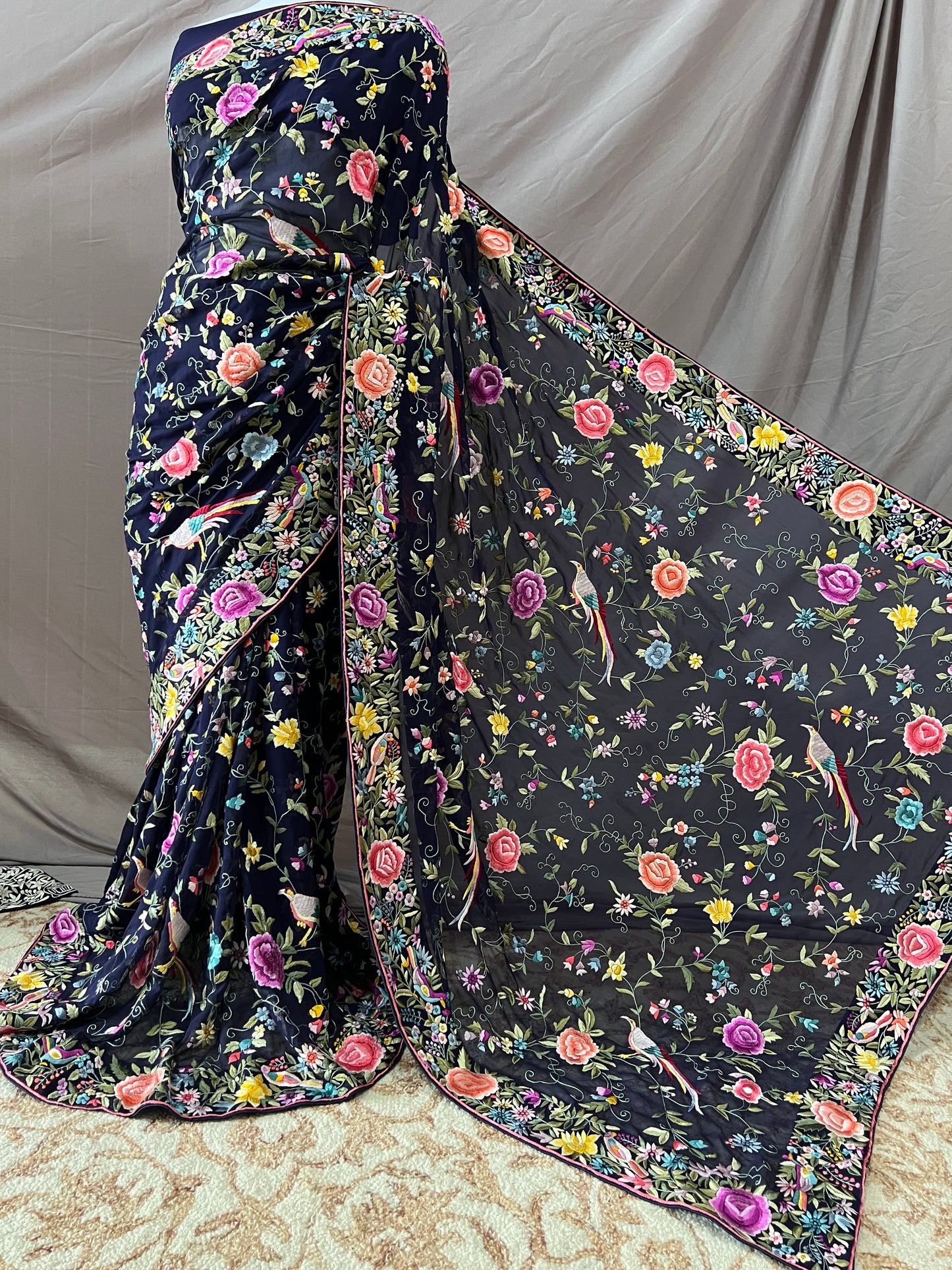 Midnight Blue Masterpiece Parsi Gara Pure Georgette Saree