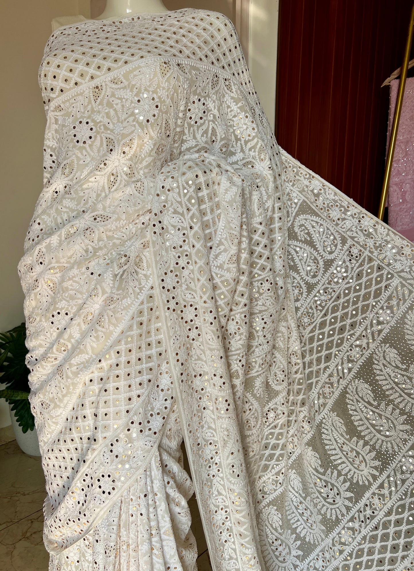 Ruhani Ivory Allover Designer Chikankari and Mukaish Saree