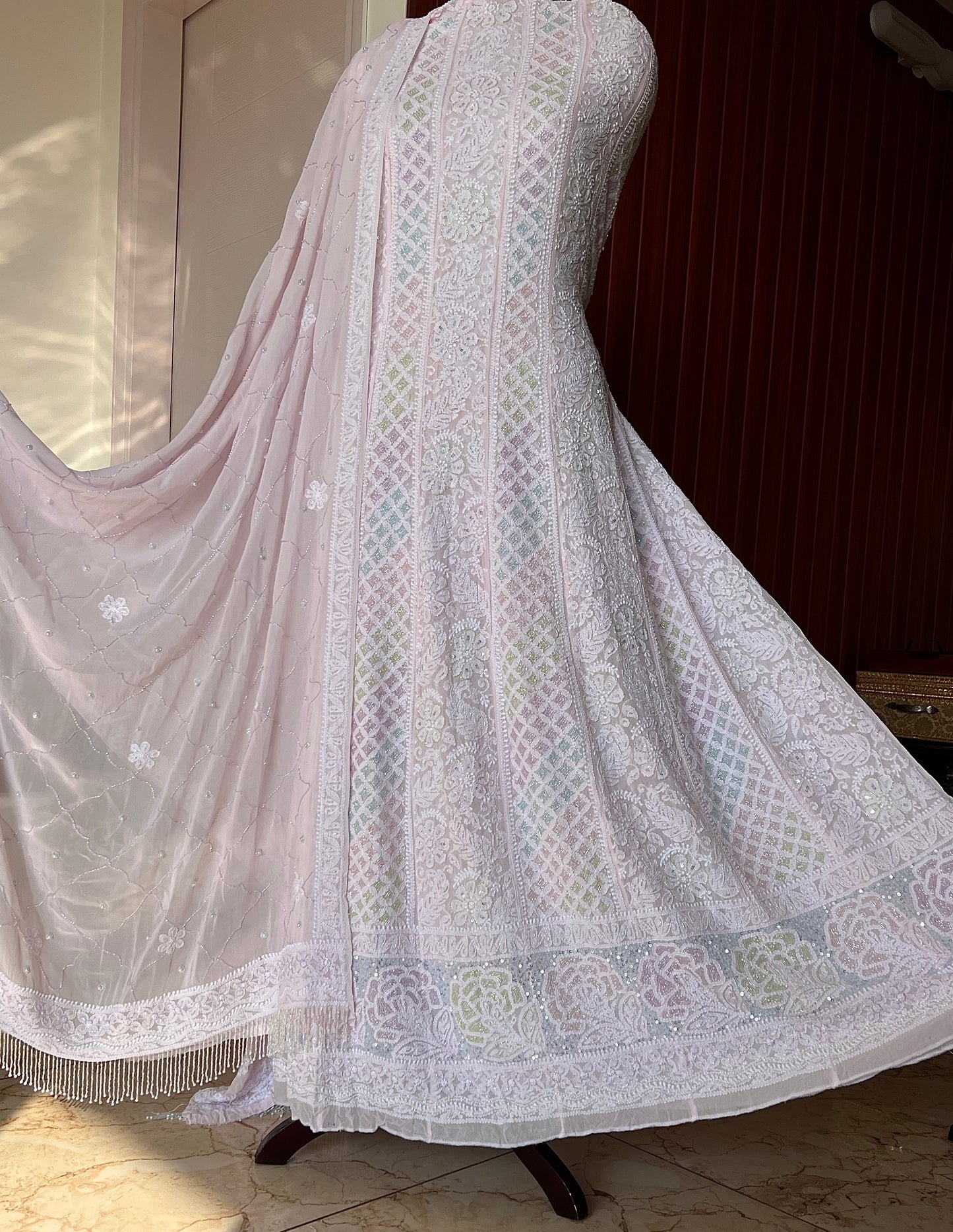 Ruhani Light Pink Chikankari multicolored Sequins and Cut Dana Anarkali