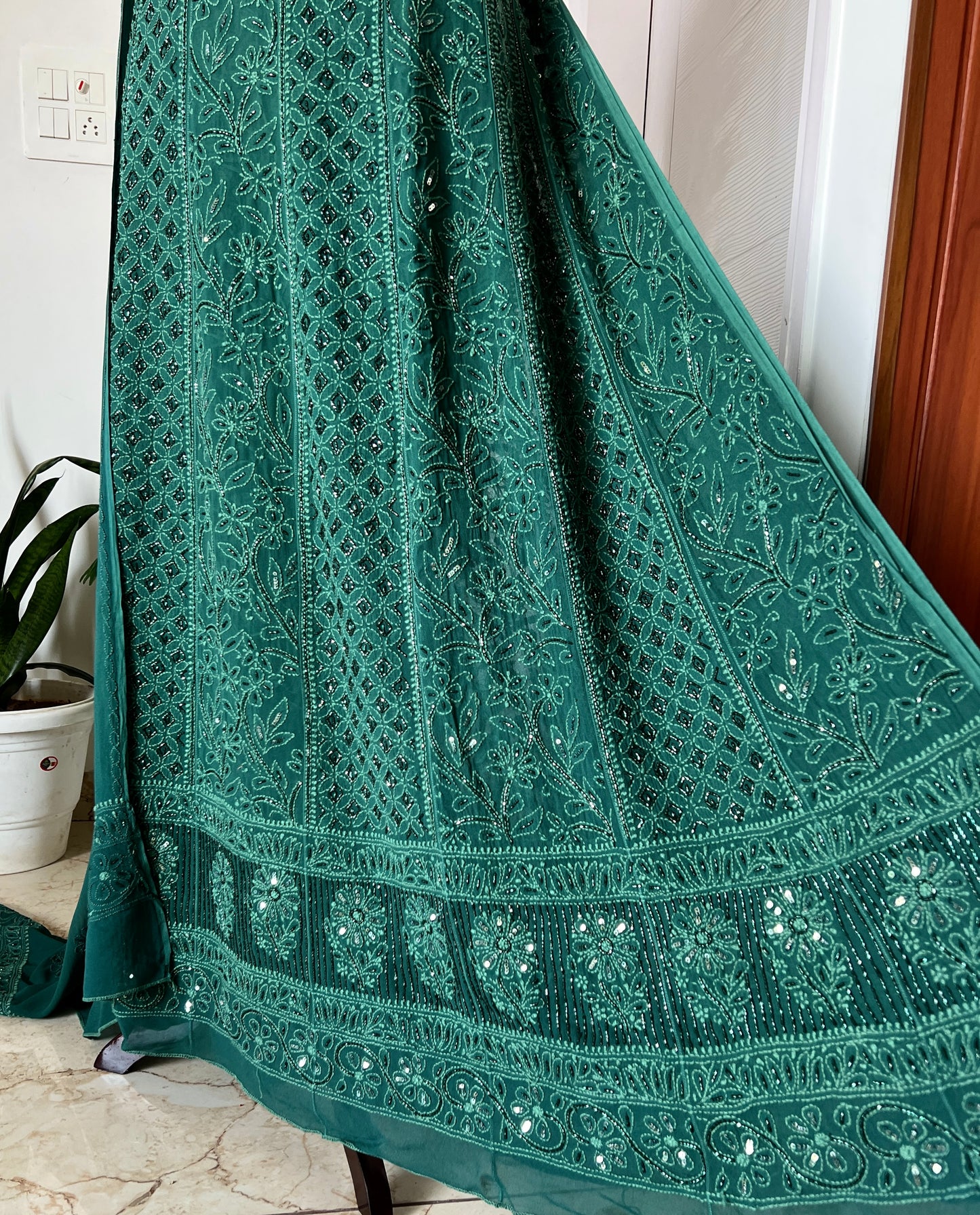 Bottle Green Chikankari Cut Dana and sequins Anarkali with Dupatta