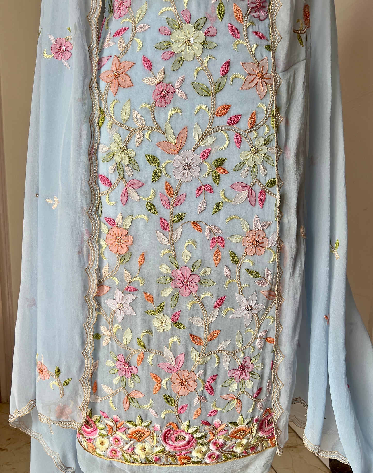 Light Blue Resham Chikankari Parsi Gara and pearl work suit