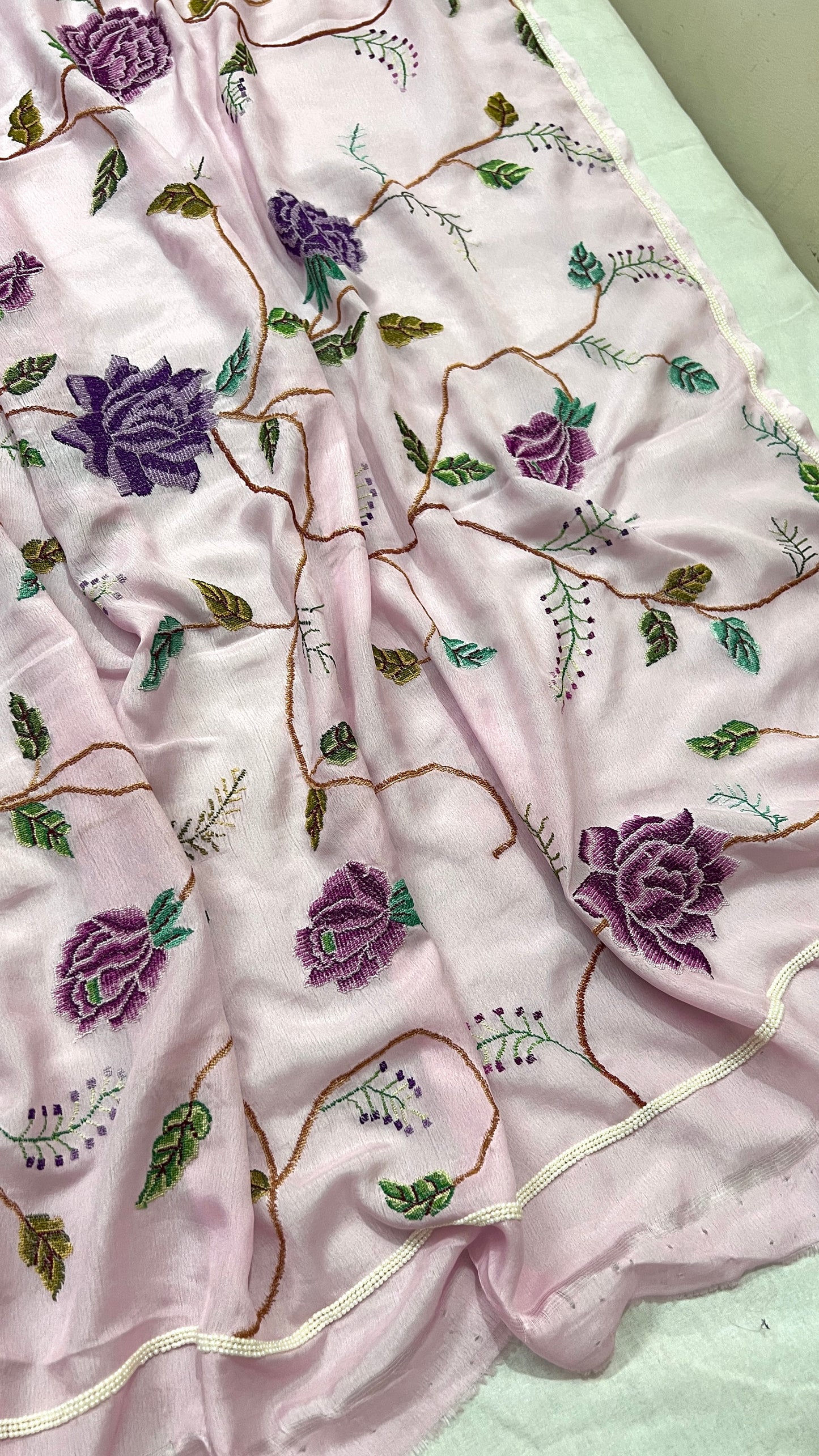 Lilac Pink Masterpiece Petit Point Hand Embroidered Saree