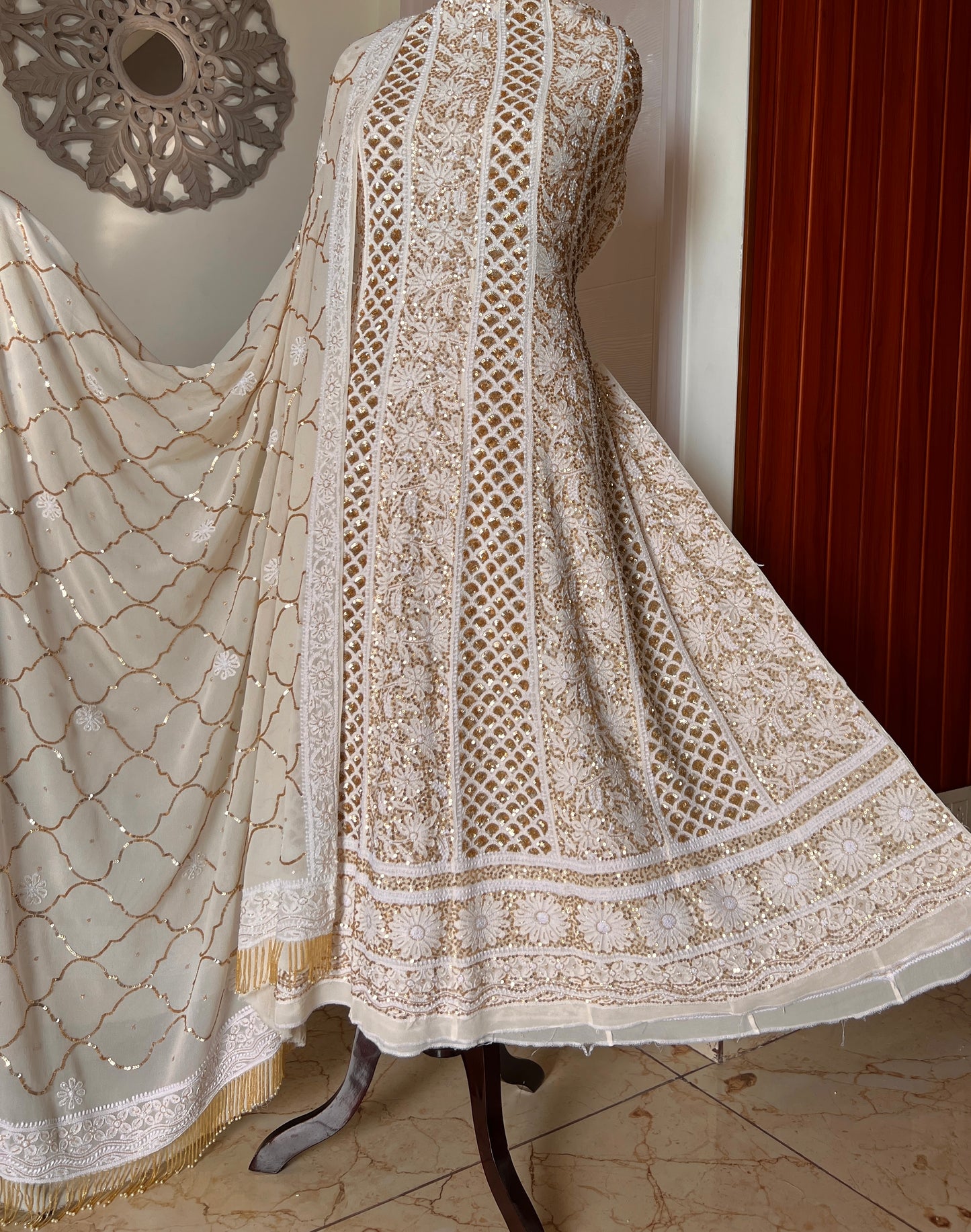 Ruhani Off white Chikankari sequins cut Dana Anarkali