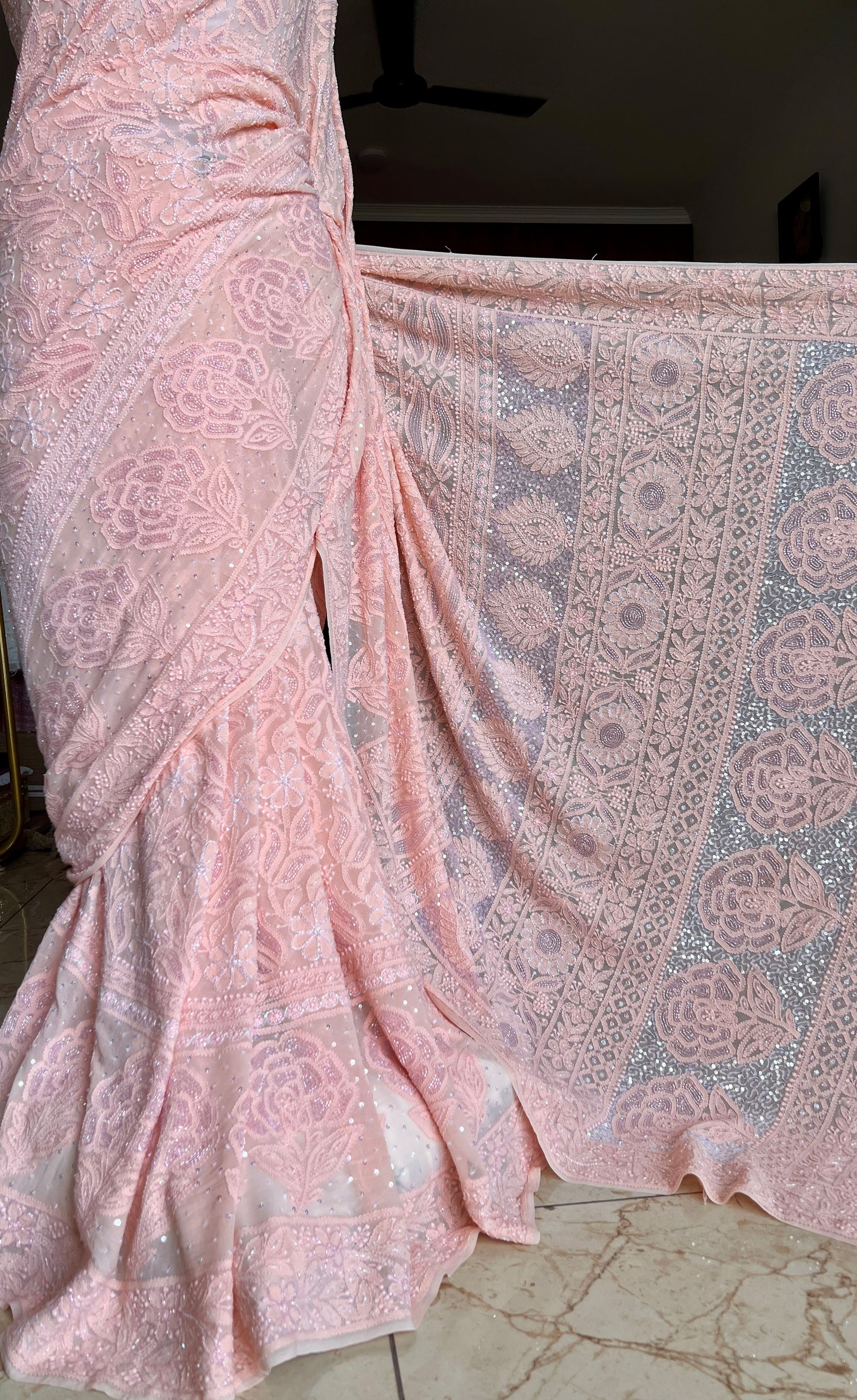 Ruhani Blush Peach Chikankari Cut Dana and Sequins Saree