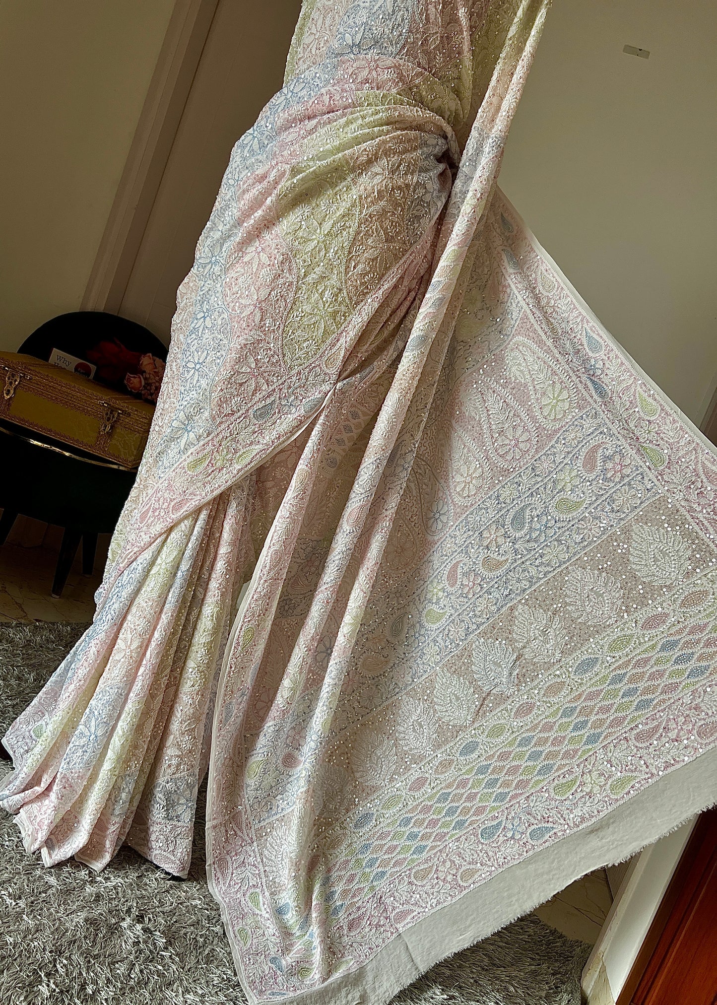Ruhani Ivory Chikankari Multi Cut Dana and Sequins Saree