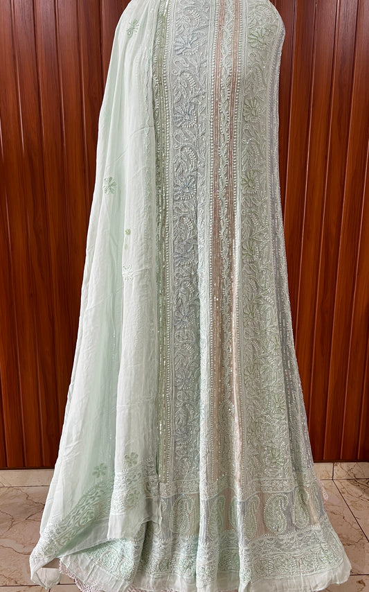 Mint green Chikankari Cut Dana Sequins Anarkali with Dupatta