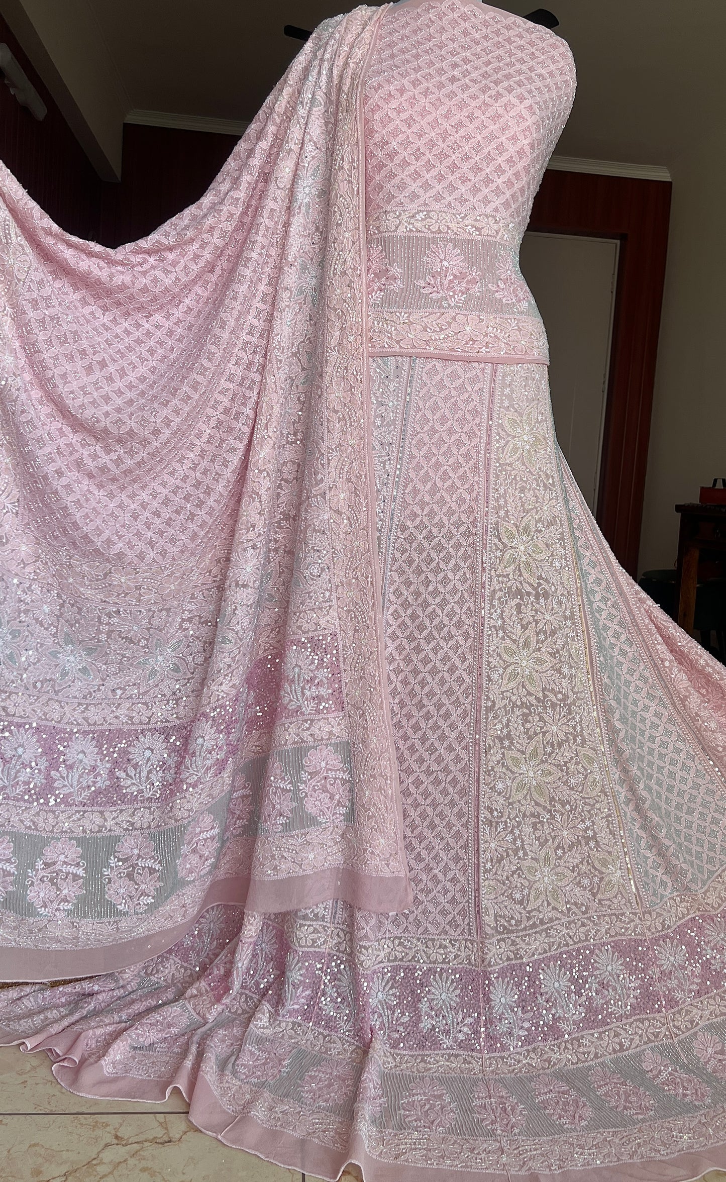 Pink Ruhani Chikankari Lehenga with Multicolored Cut Dana and sequins Work