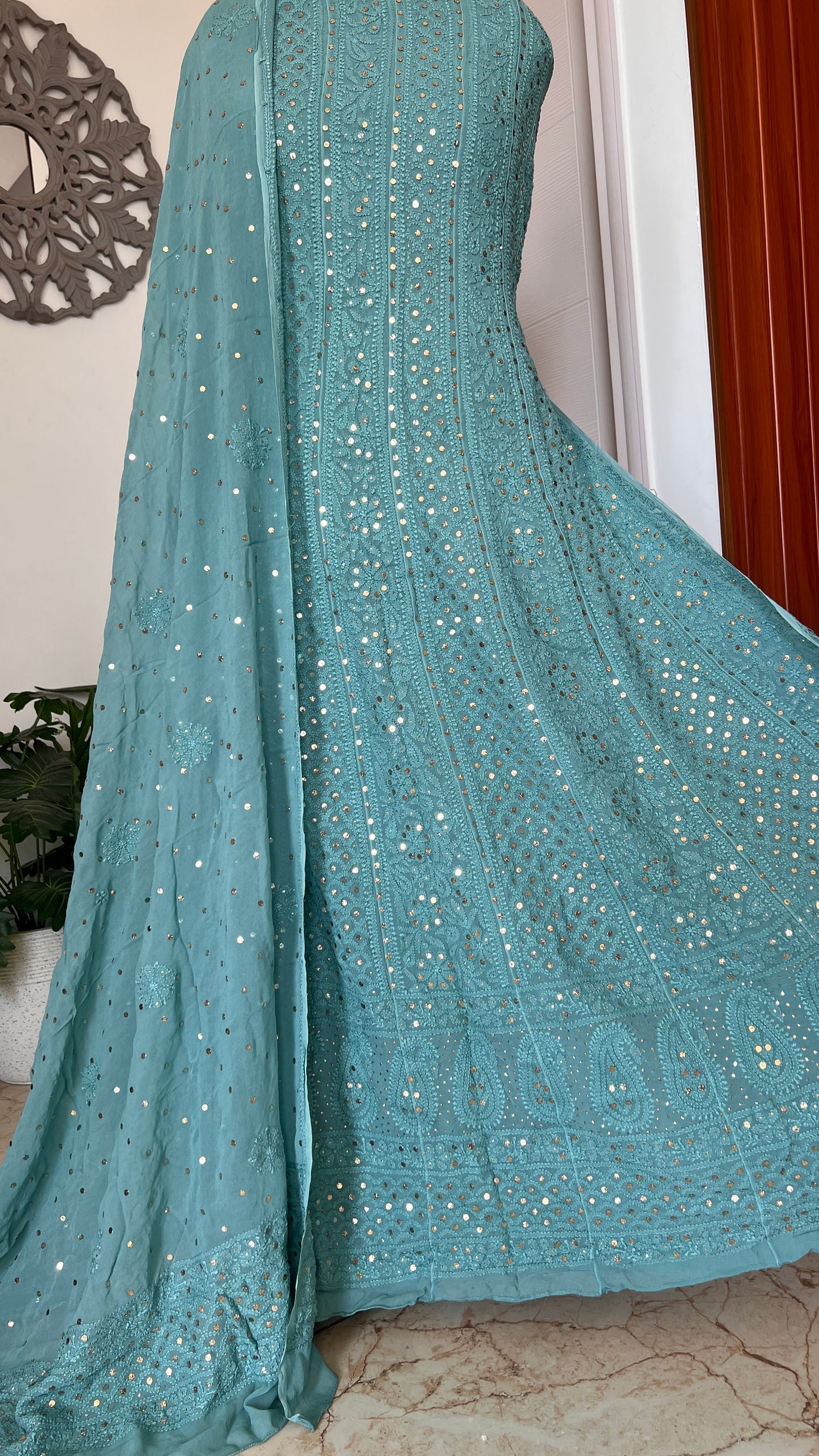 Ocean blue allover Chikankari and mukaish anarkali with dupatta