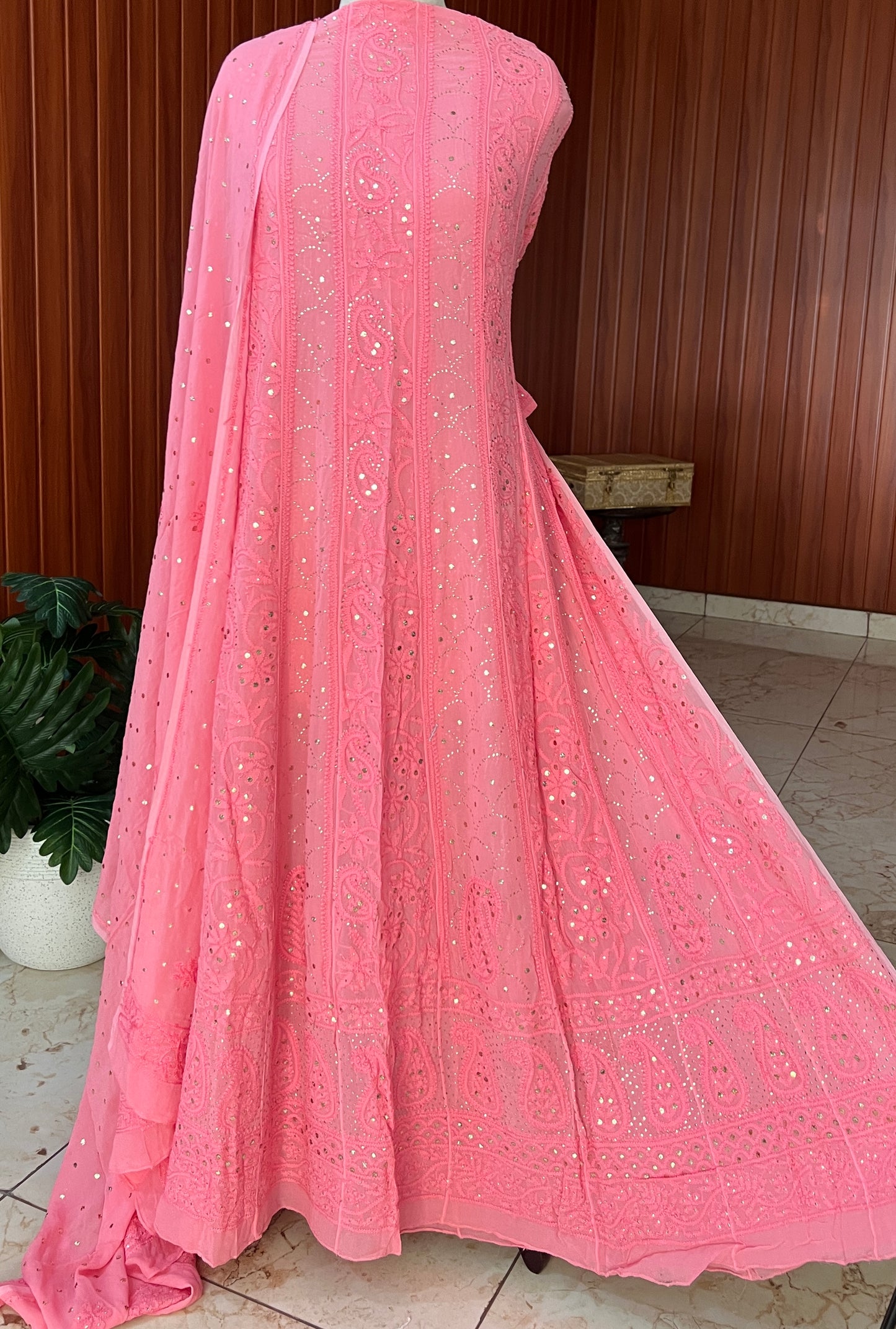 Pink allover Chikankari and mukaish anarkali with dupatta