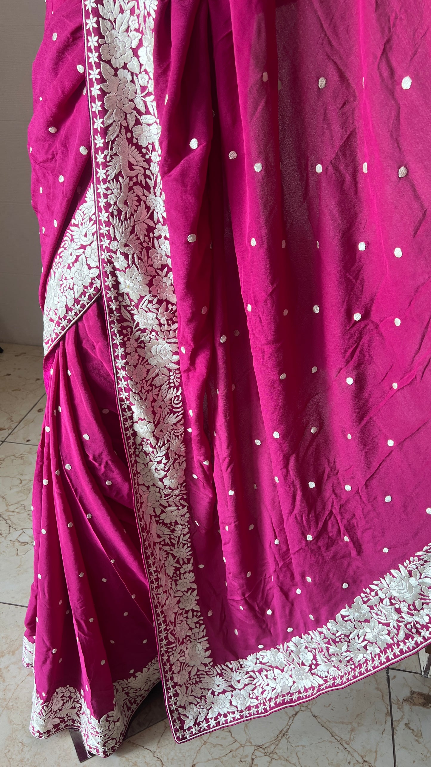 Fuchsia Pink Pure Crepe Parsi Gara Hand Embroidered Saree