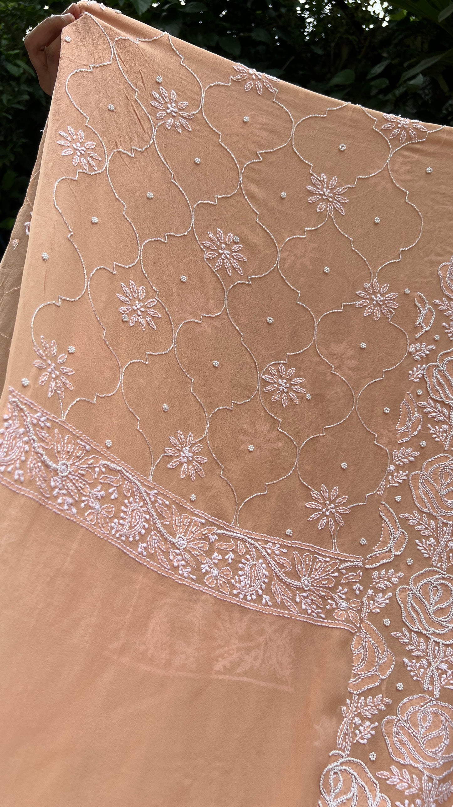 Light Orange Chikankari cut dana pearl sequins work kurta and dupatta