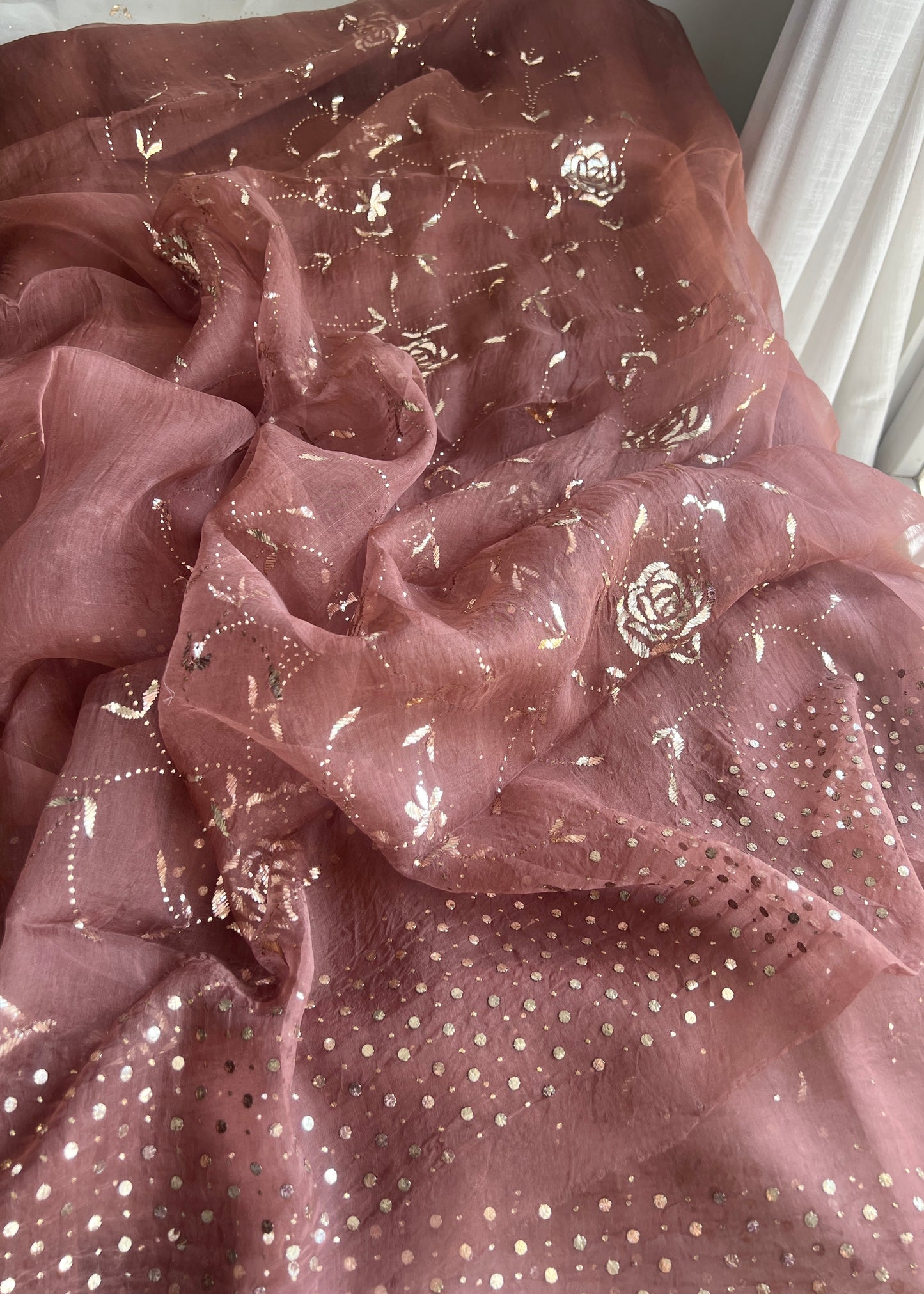 Taupe brown Gulaab pure organza badla work Kurta and Dupatta