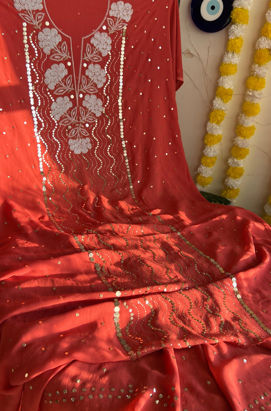 Rust mukaish and pearl work Kurta and Dupatta