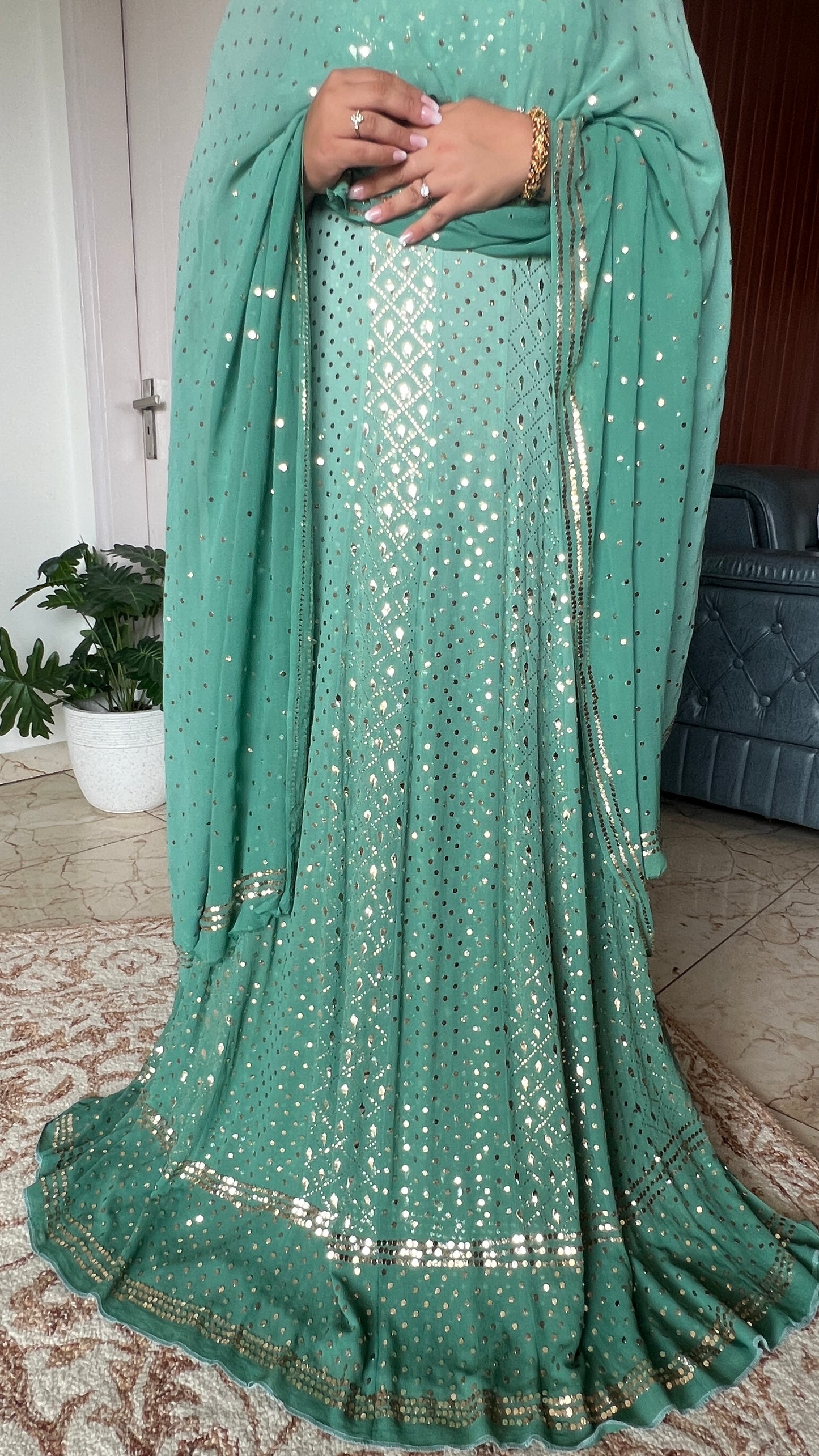 Ruhani Sage green Heavy Mukaish Pure Georgette Anarkali and Dupatta