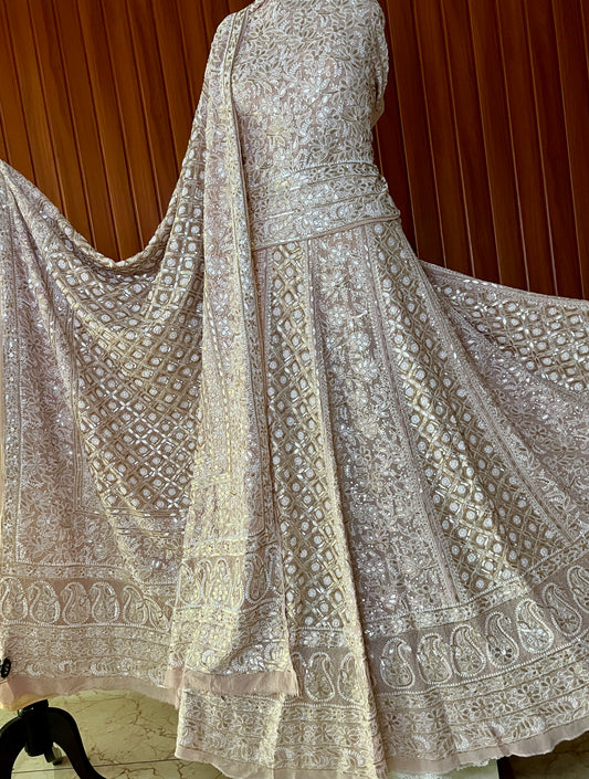Ruhani Powder Brown Chikankari Gota Sequins Pure Georgette Lehenga Set