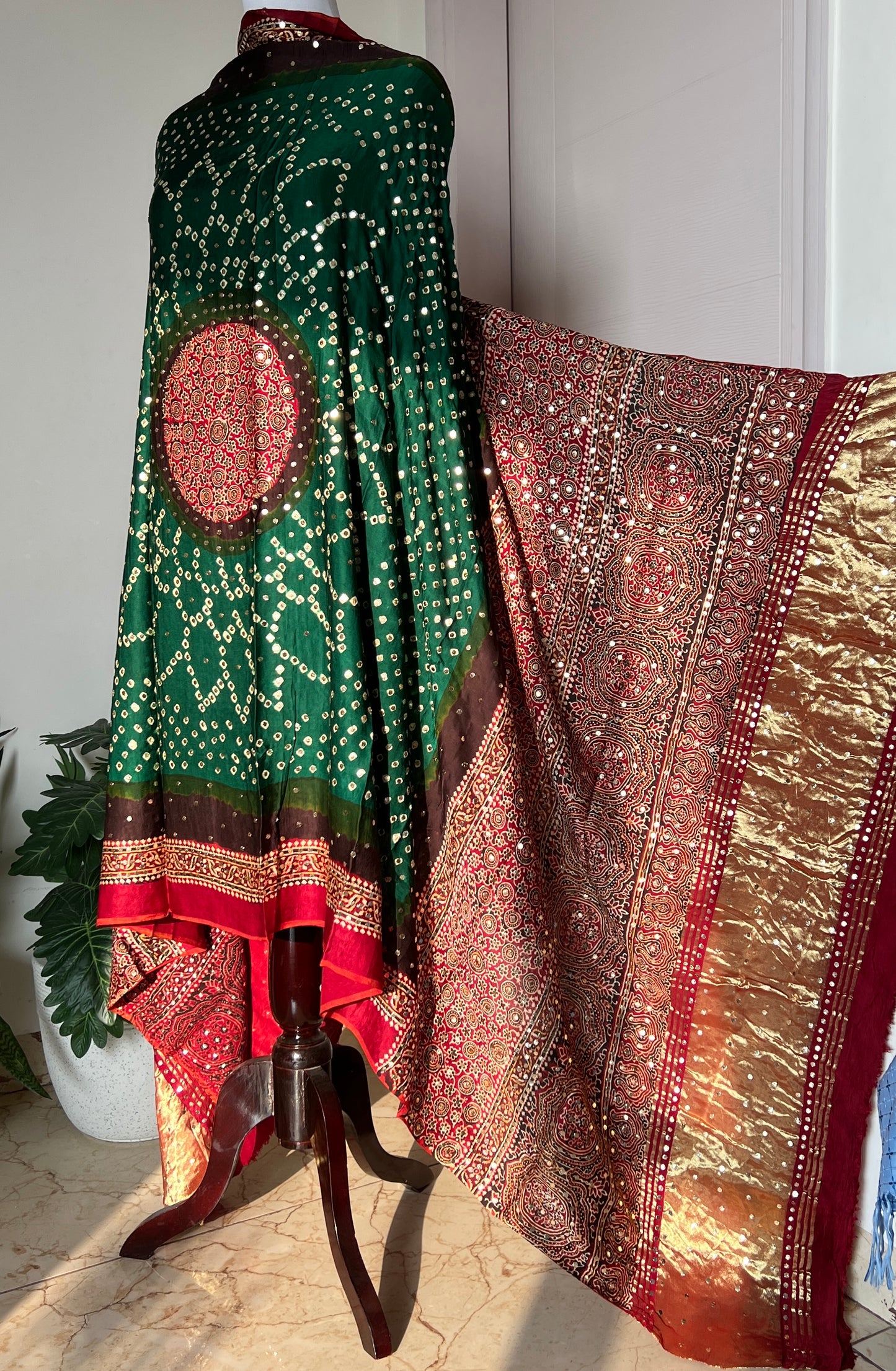 Green modal silk ajrakh and bandhej dupatta with heavy mukaish