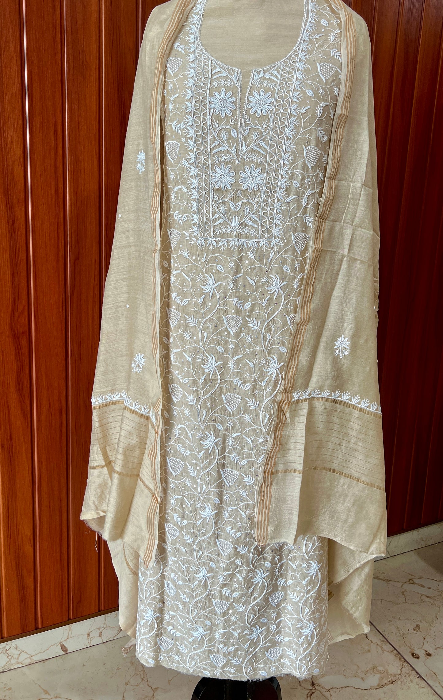 Munga silk Chikankari and pearl embroidered kurta and dupatta