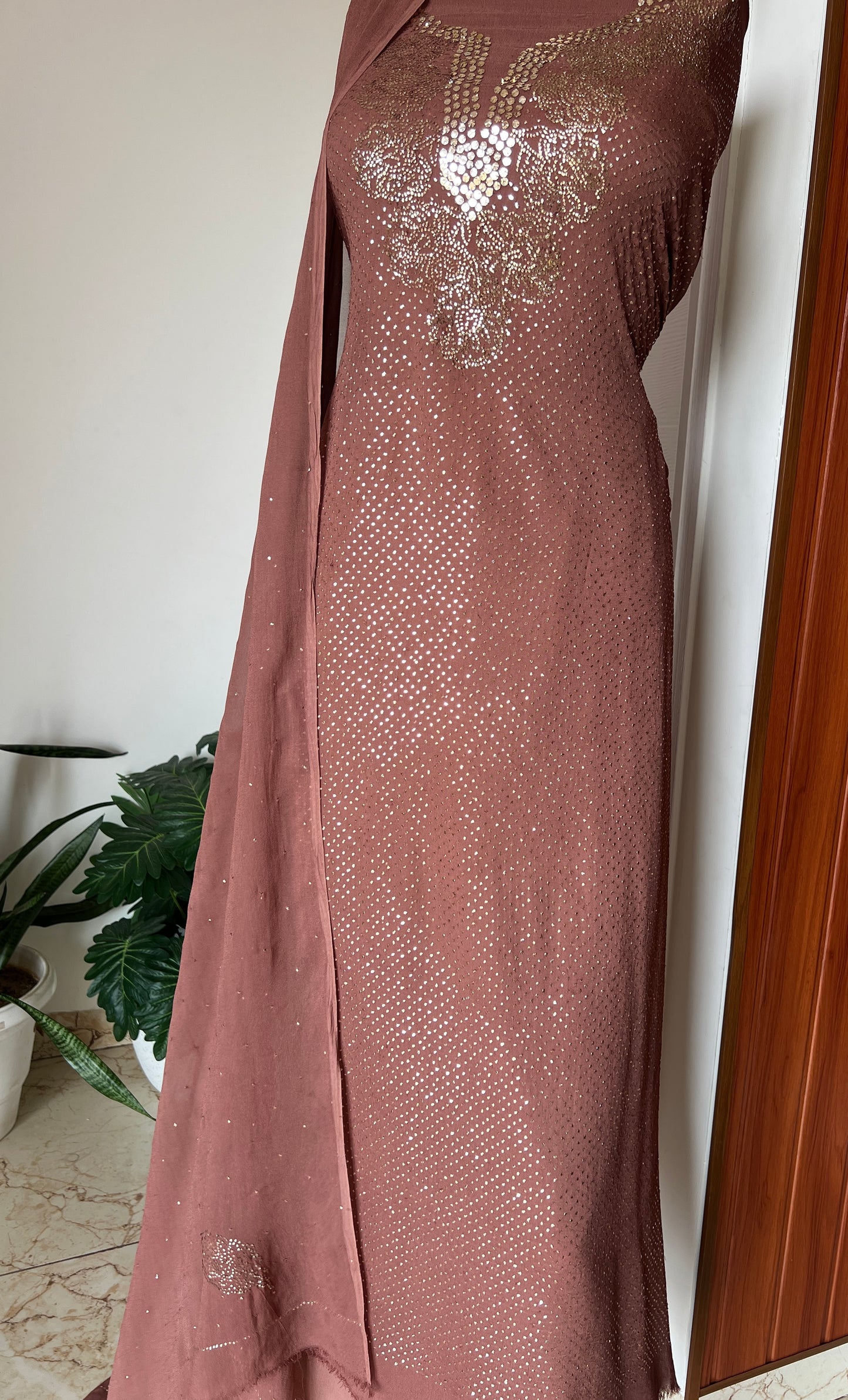 Brown bareek mukaish work Kurta and Dupatta