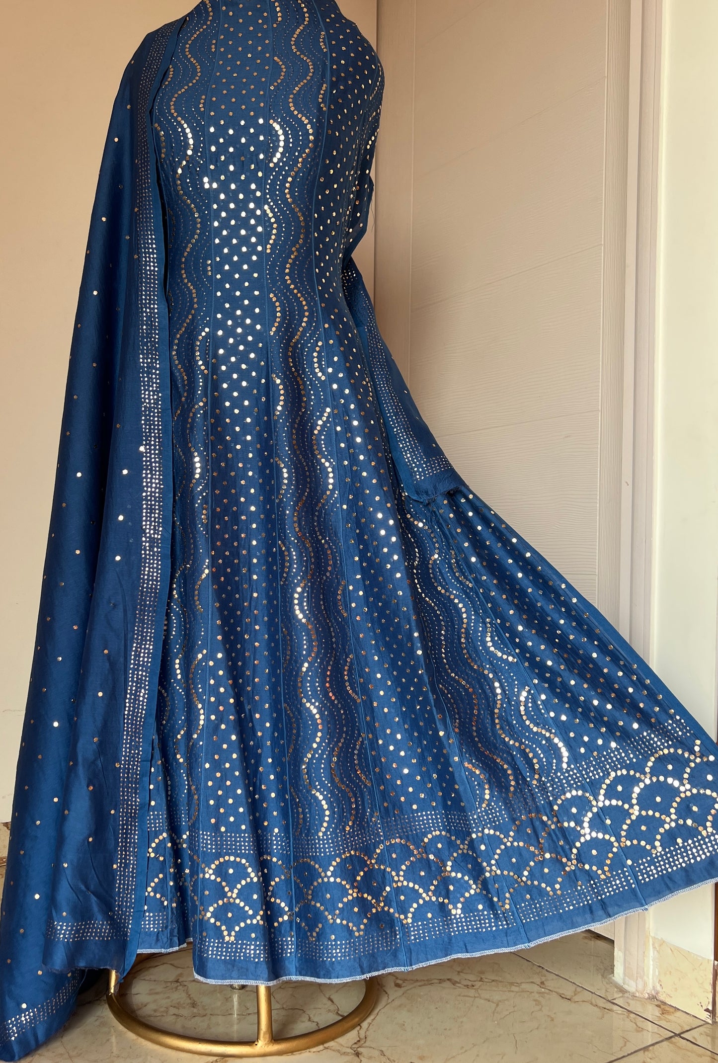 Azure Blue Allover Heavy Mukaish Chanderi Silk Anarkali with Dupatta