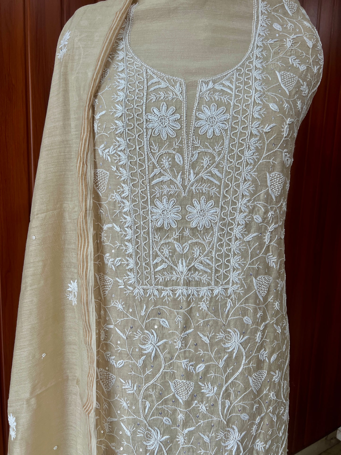Munga silk Chikankari and pearl embroidered kurta and dupatta