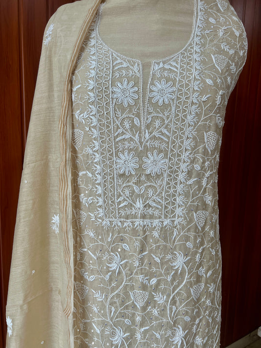 Munga silk Chikankari and pearl embroidered kurta and dupatta
