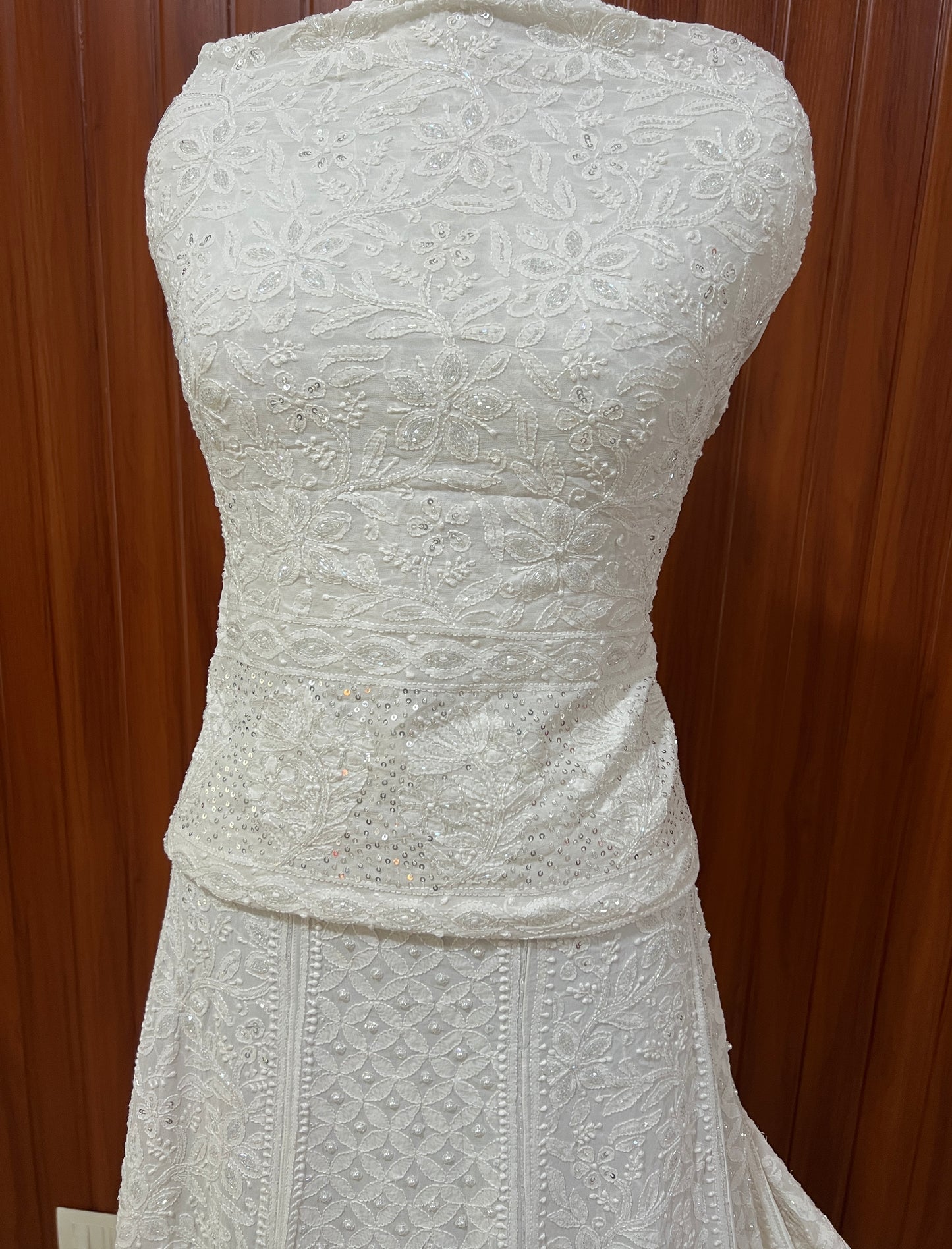 Ruhani White Chikankari Cut Dana Pearl Sequins Wedding Lehenga