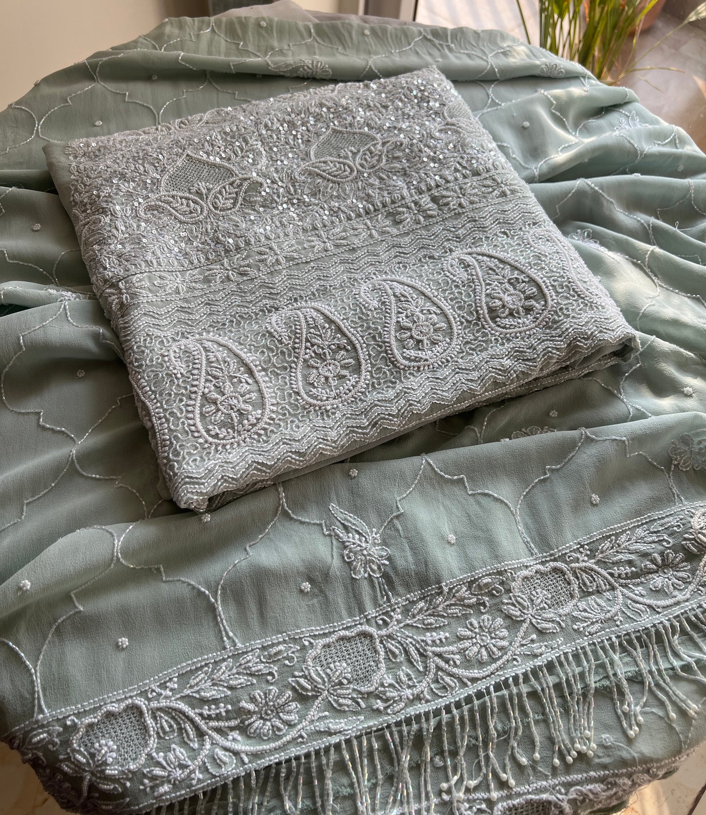 Suhaan Chikankari pearl sequins cut Dana work kurta and dupatta