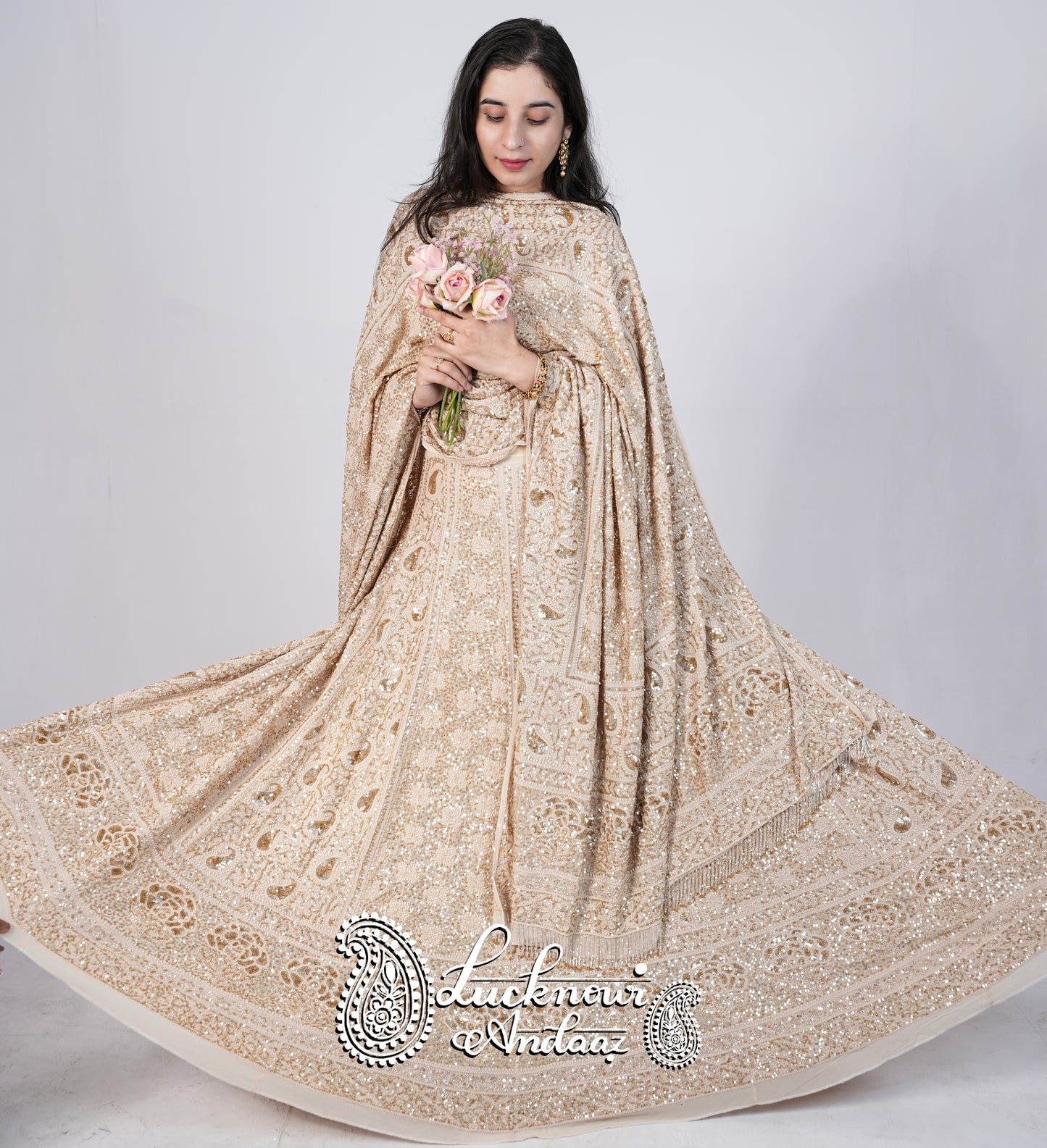 Masterpiece Ruhani Champagne Chikankari Sequins Wedding Lehenga
