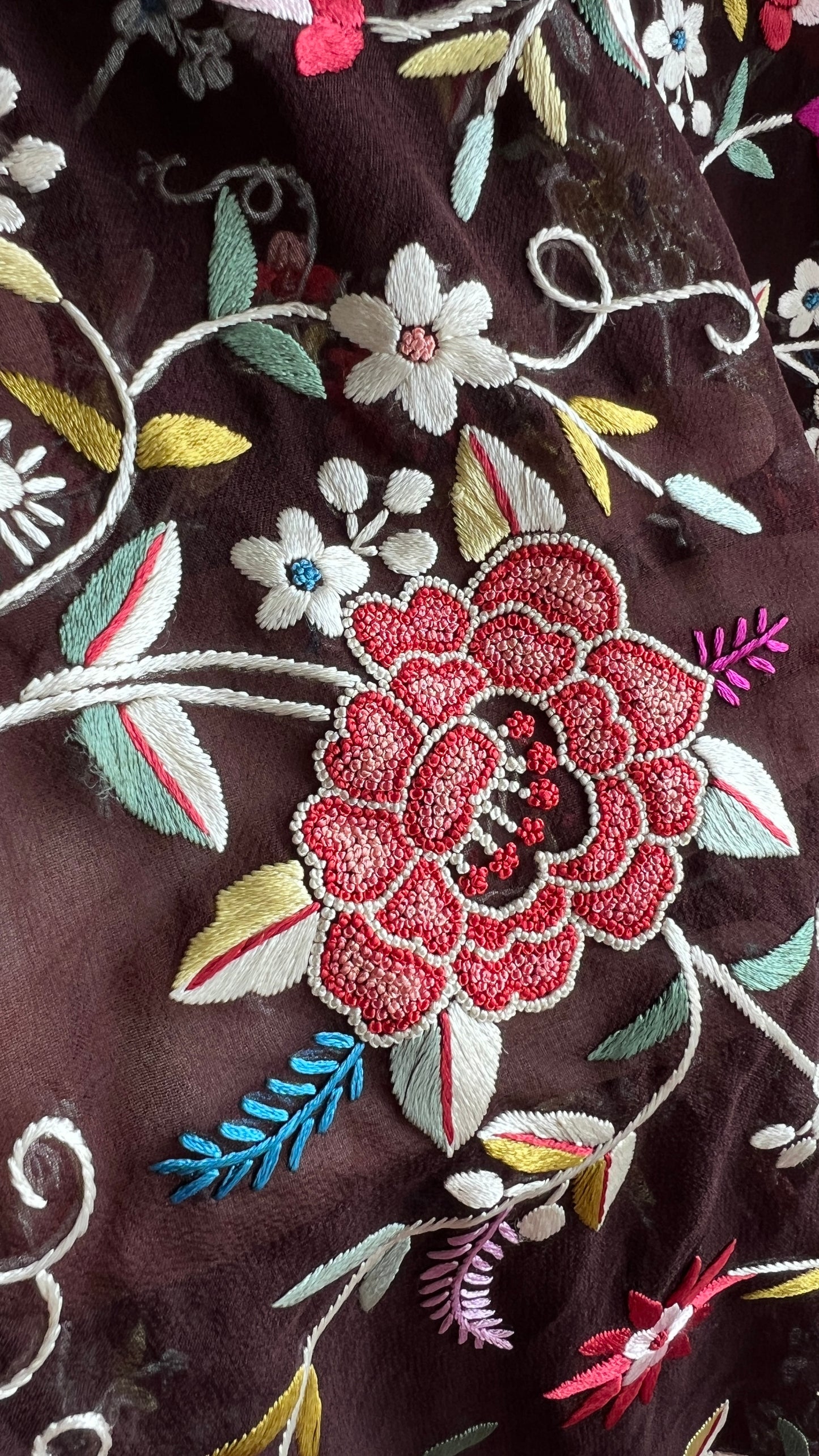 Coffee Brown Masterpiece French knot and Parsi Gara Saree