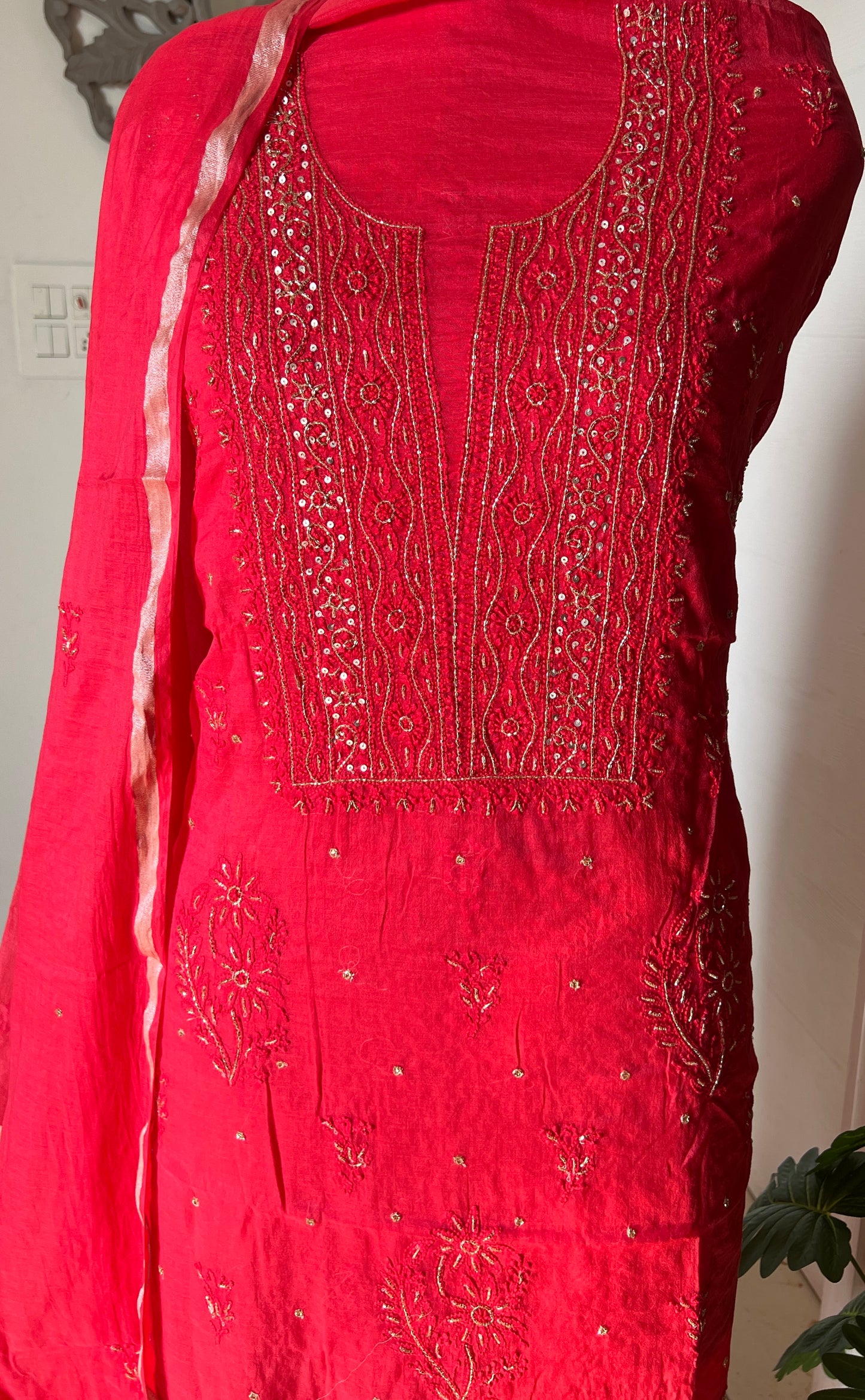Mul Chanderi Chikankari Kurta and Dupatta Set