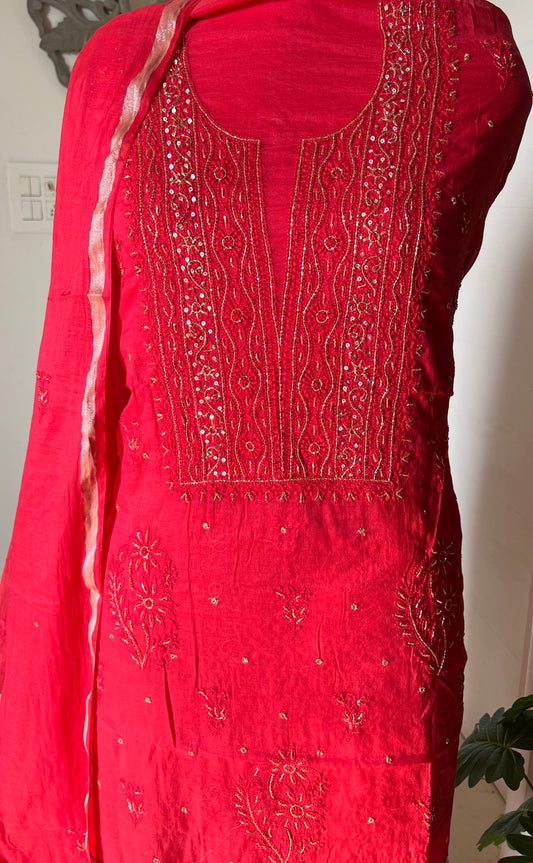 Mul Chanderi Chikankari Kurta and Dupatta Set