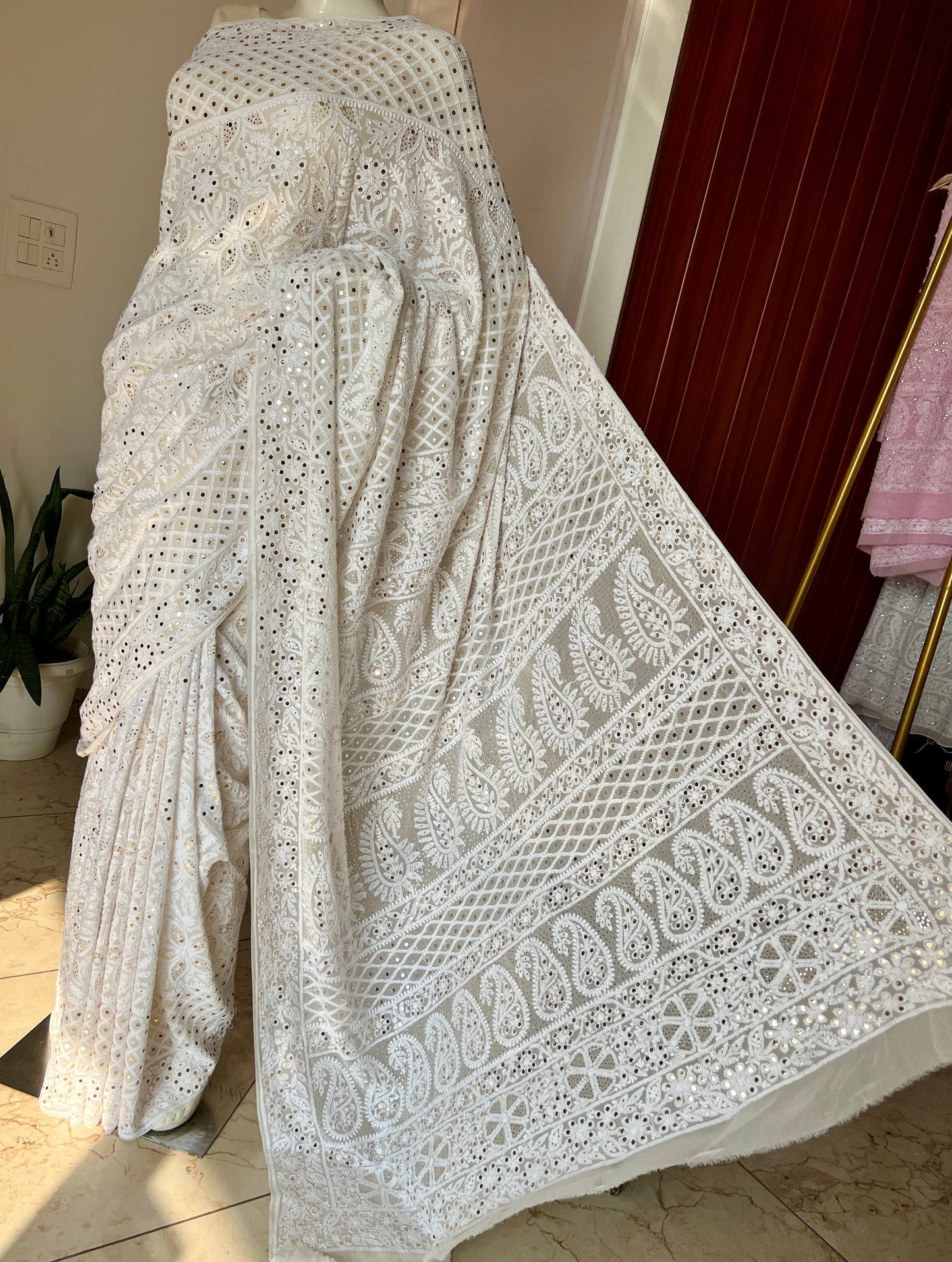 Ruhani Ivory Allover Designer Chikankari and Mukaish Saree