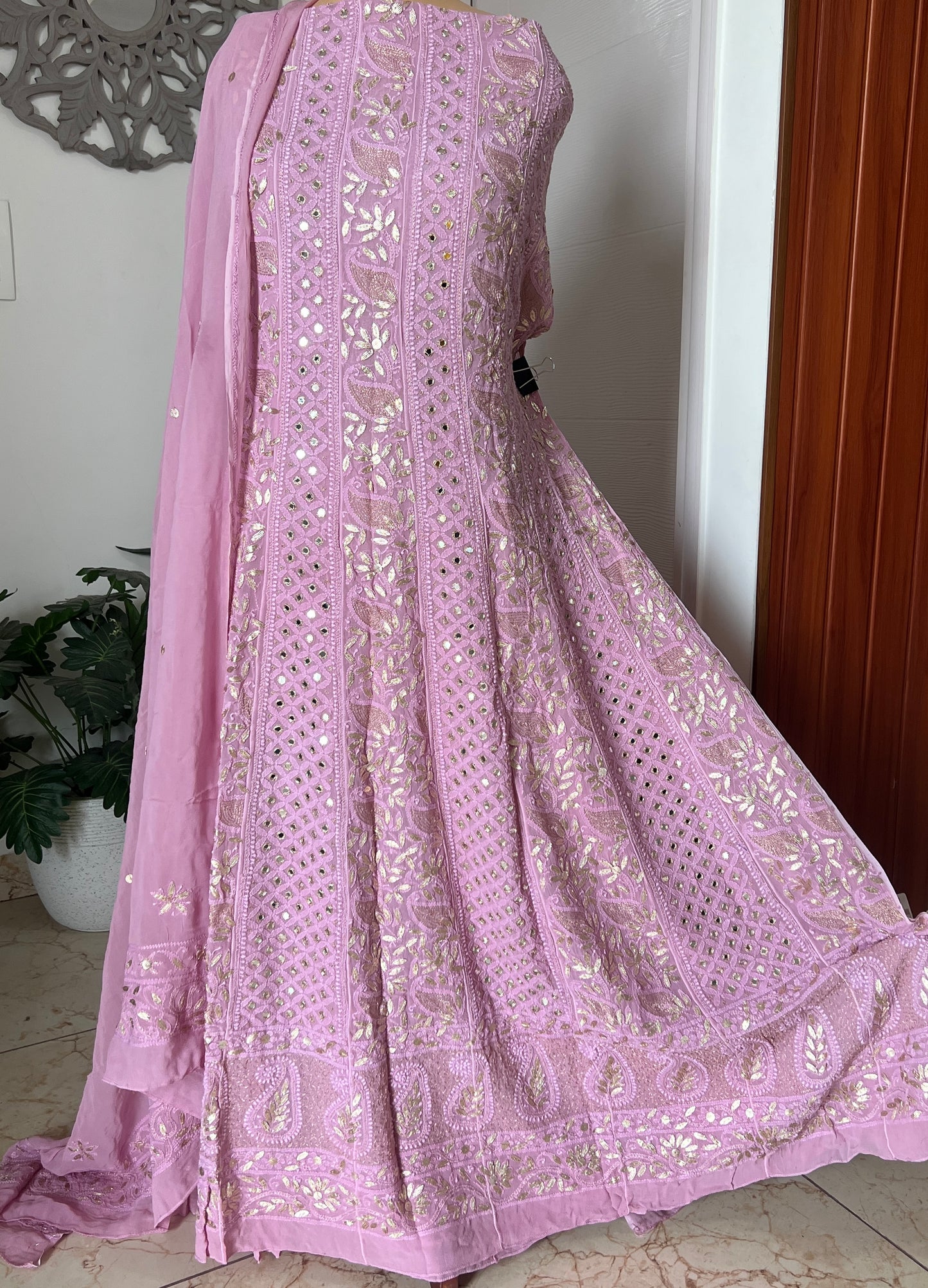 Lavender Chikankari Mirror Gota Patti Anarkali with Dupatta