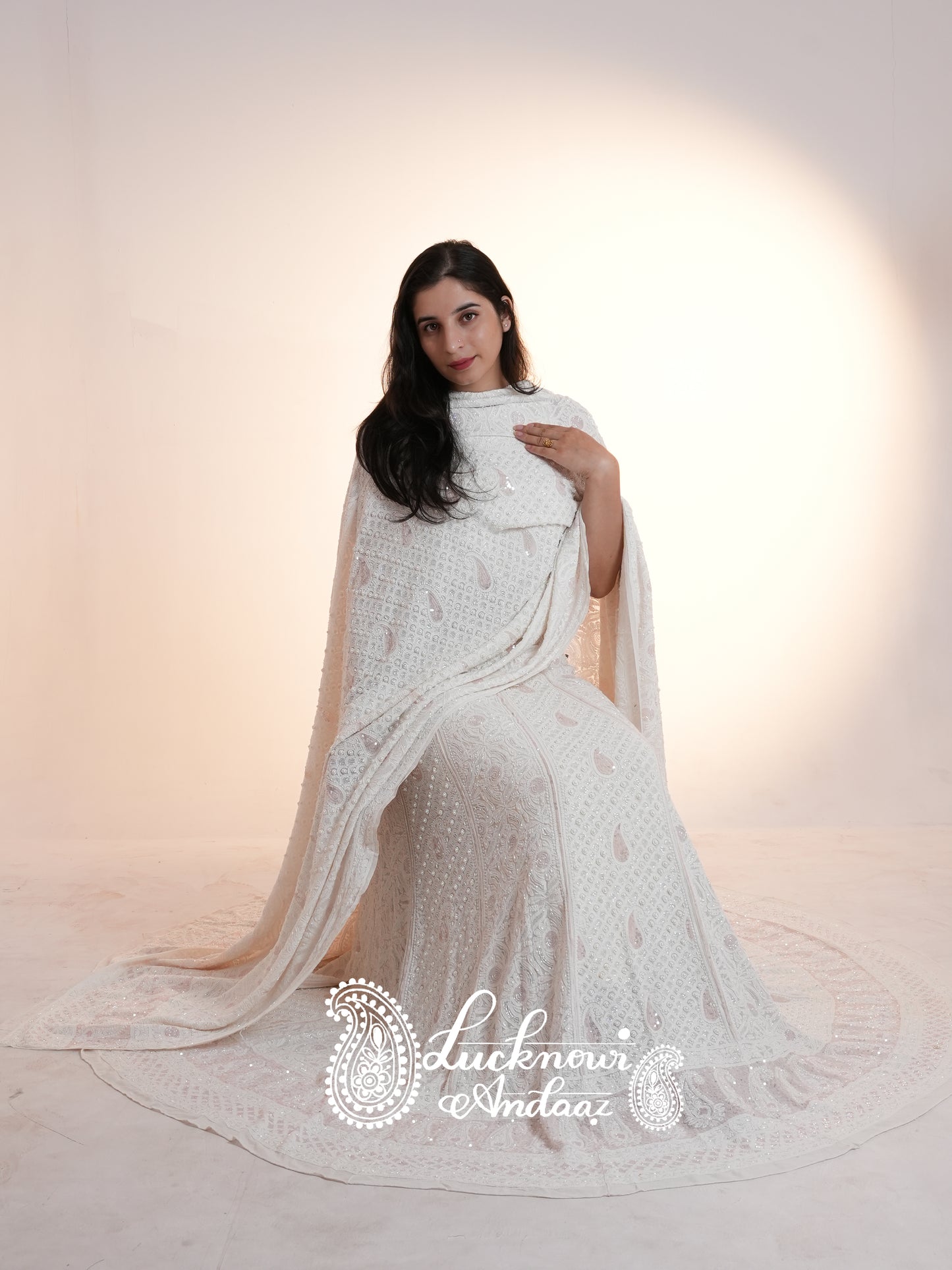 Ruhani Ivory Chikankari Pearl and Pink Cut Dana Sequins Wedding Lehenga