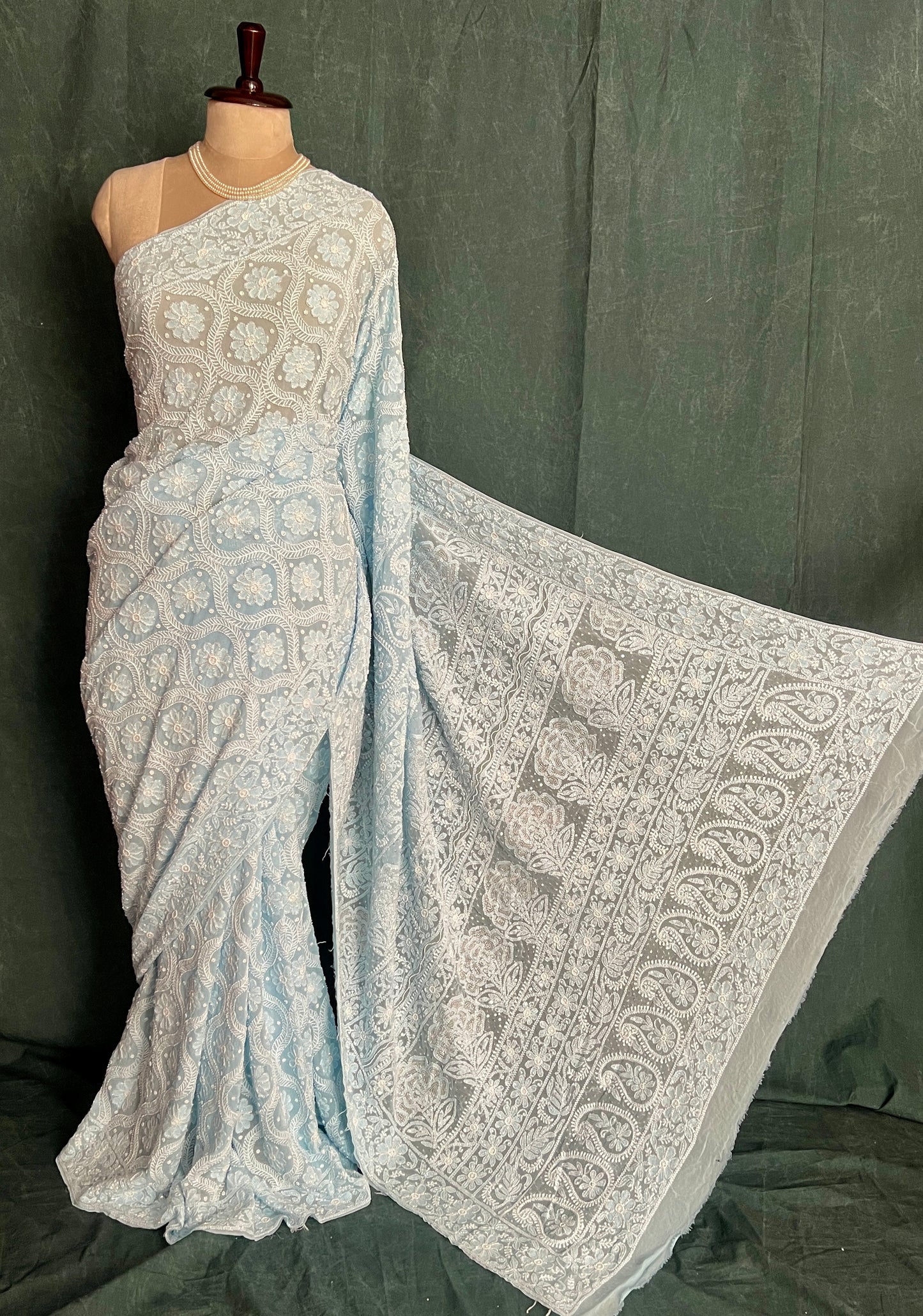 Ruhani Breezy Blue Chikankari Cut Dana and Pearl embroidered Saree