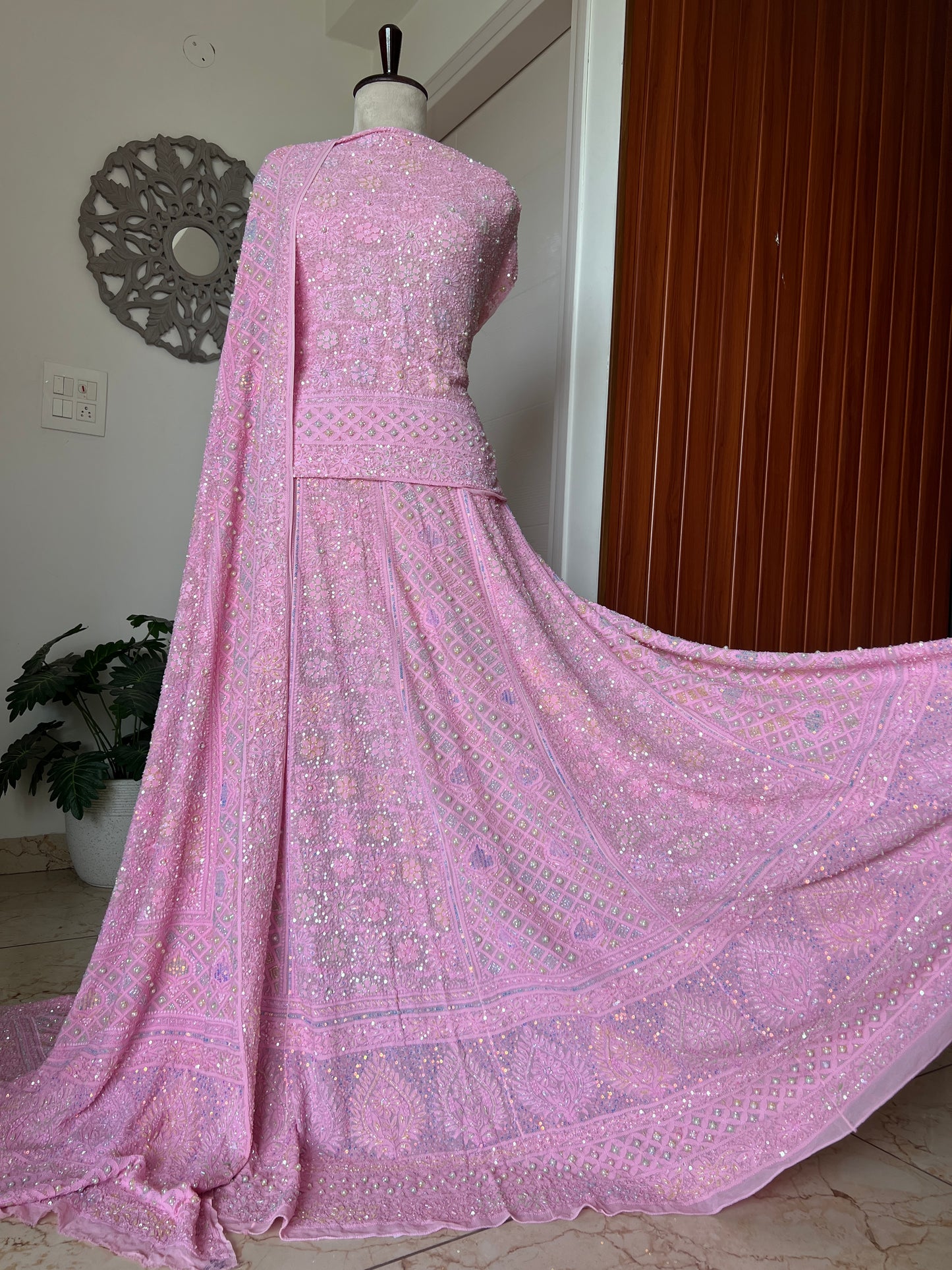 Ruhani Rose Pink Chikankari Multicolored Cut Dana Sequins Lehenga