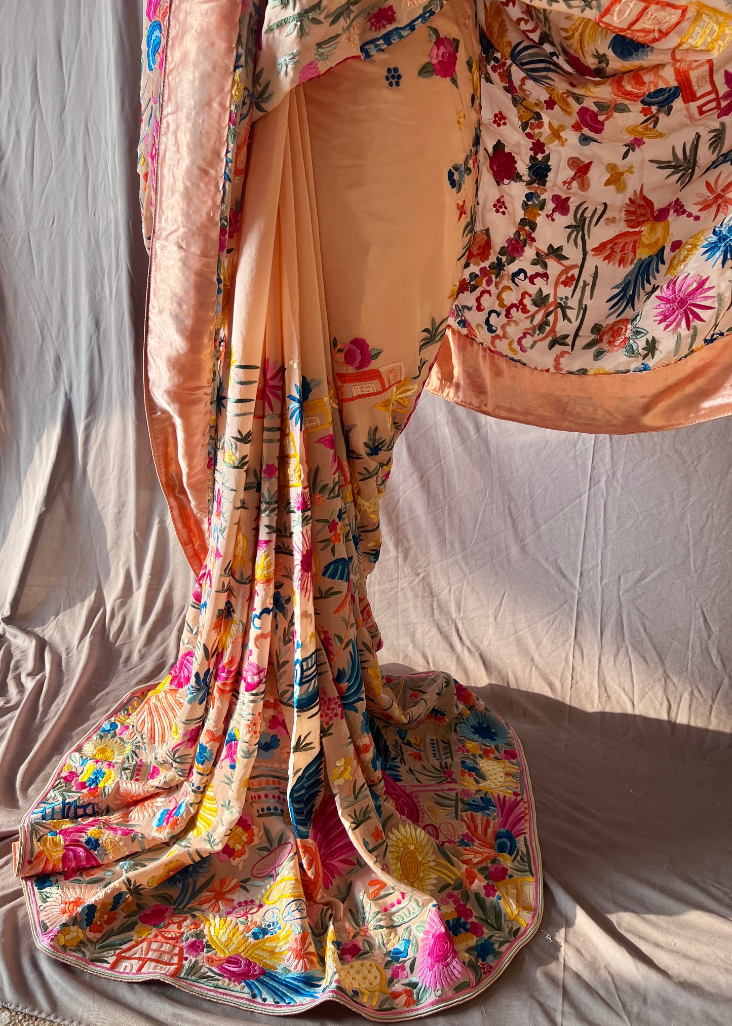 Flora and Fauna Parsi Gara Allover Hand Embroidered Saree on Pure Crepe