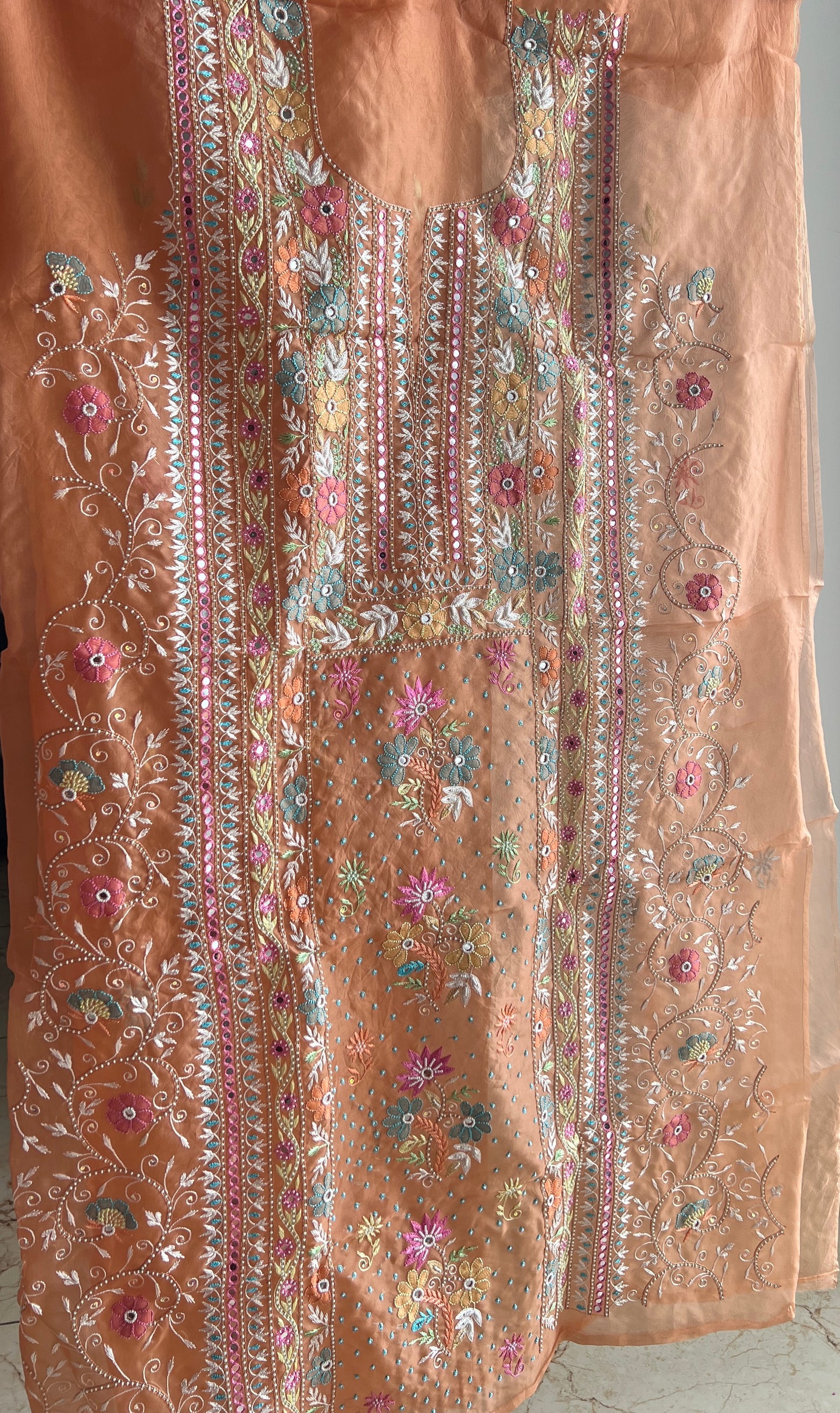 Ruhani Orange fine Chikankari pure Organza kurta with dupatta