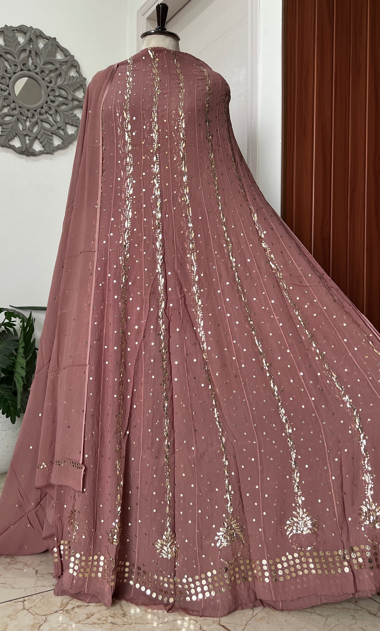Taupe designer Mukaish Georgette Anarkali with Dupatta