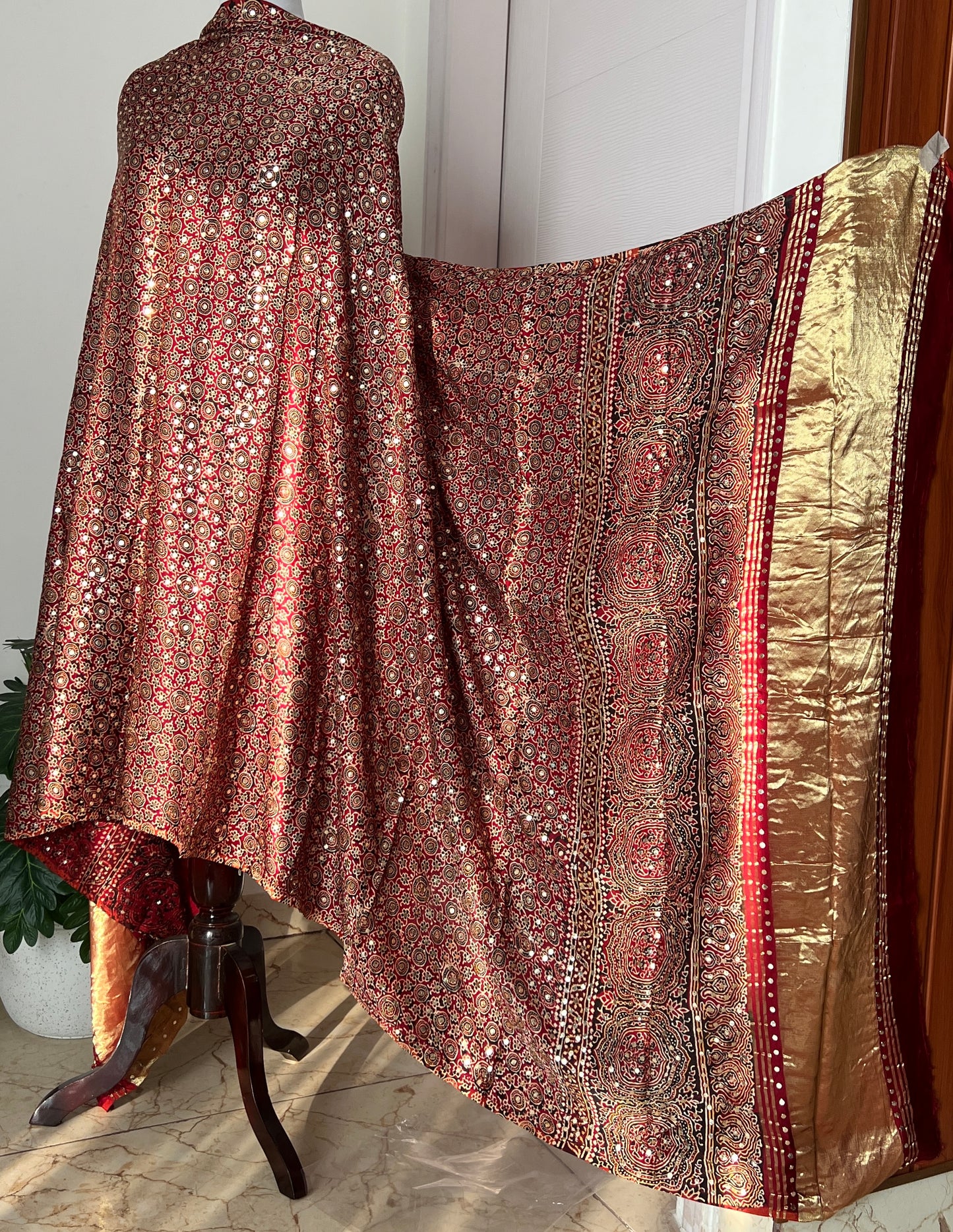 Maroon modal silk ajrakh block printed dupatta with heavy mukaish