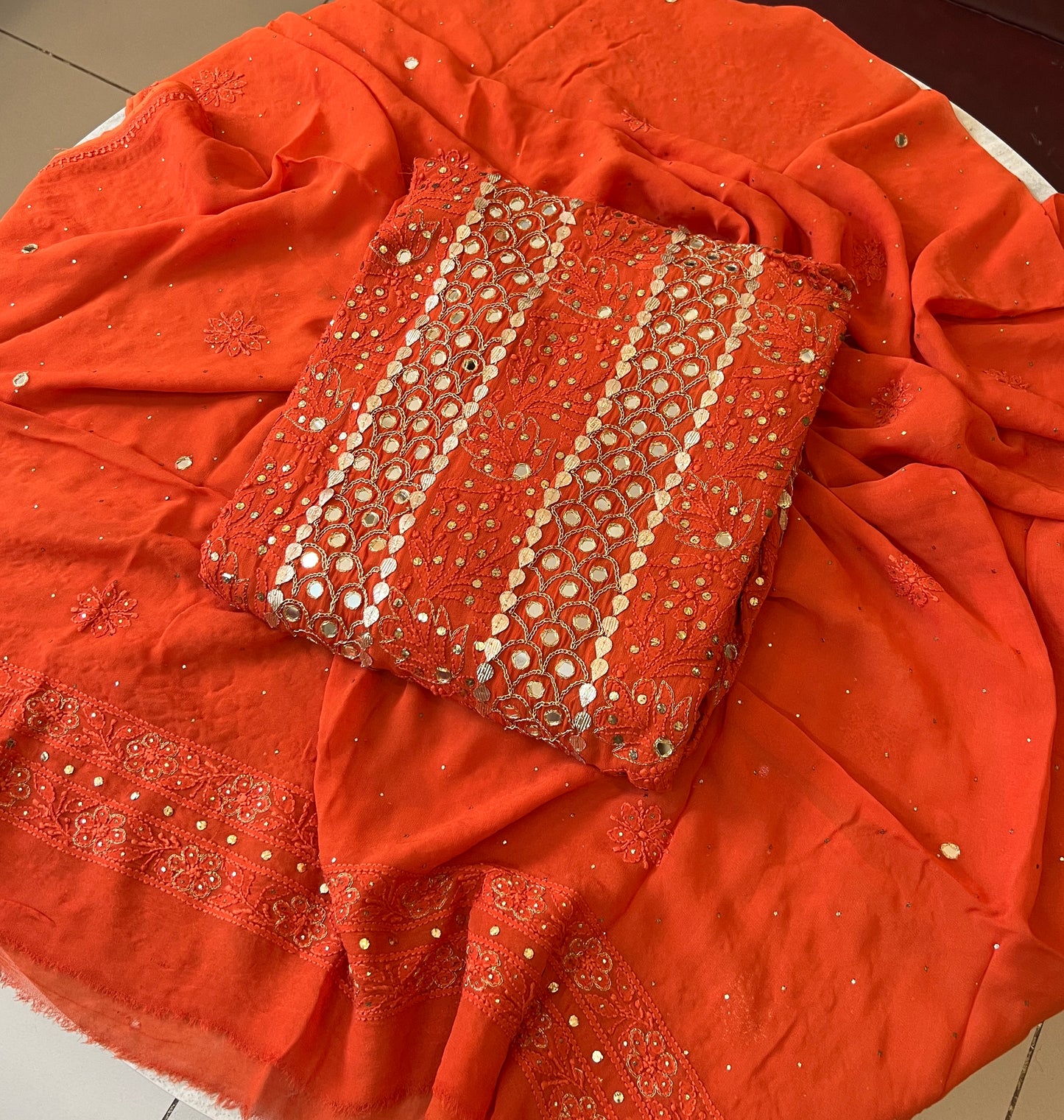 Orange Chikankari Mukaish Mirror and Gota Patti Anarkali with Dupatta