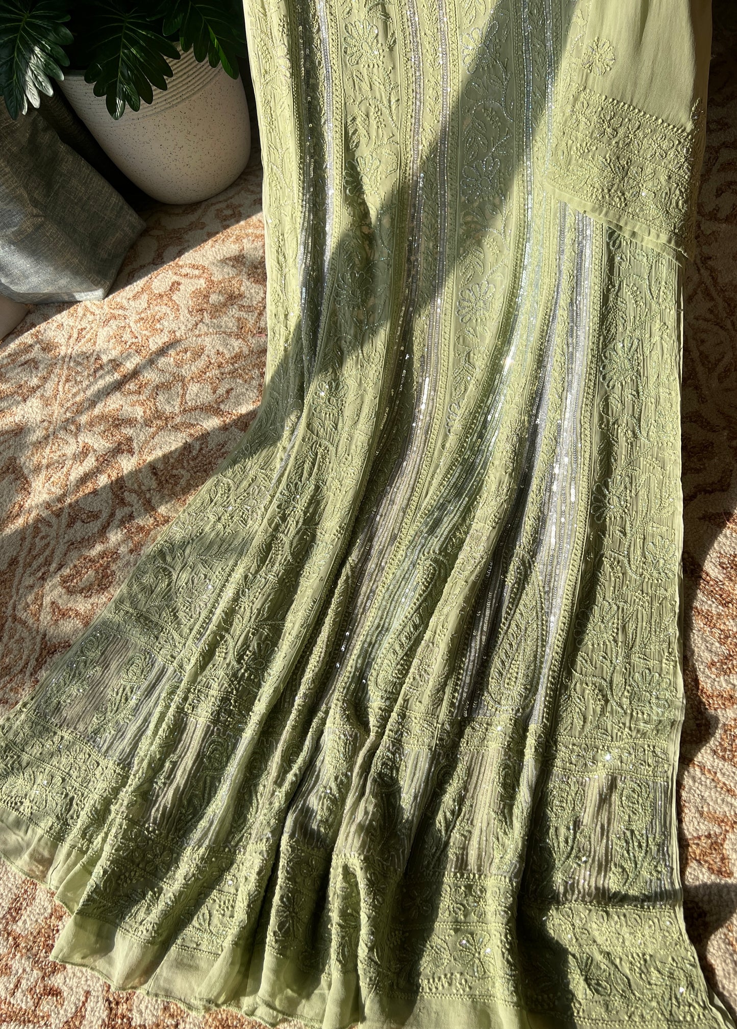 Light Mehndi green Chikankari Cut Dana Sequins Anarkali