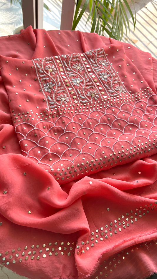 Coral peach mukaish pearl and cut Dana work Kurta and Dupatta